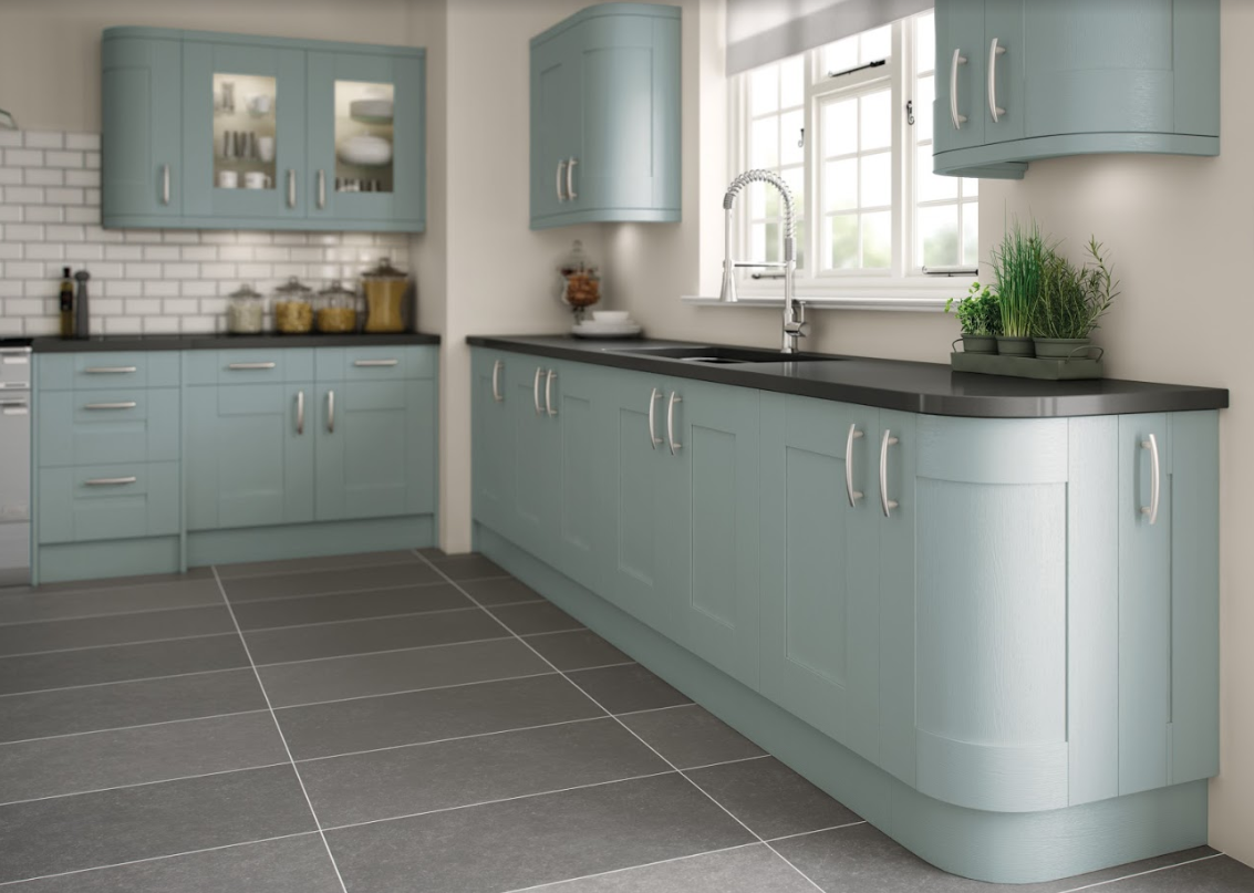 duck egg blue wall with cream kitchen