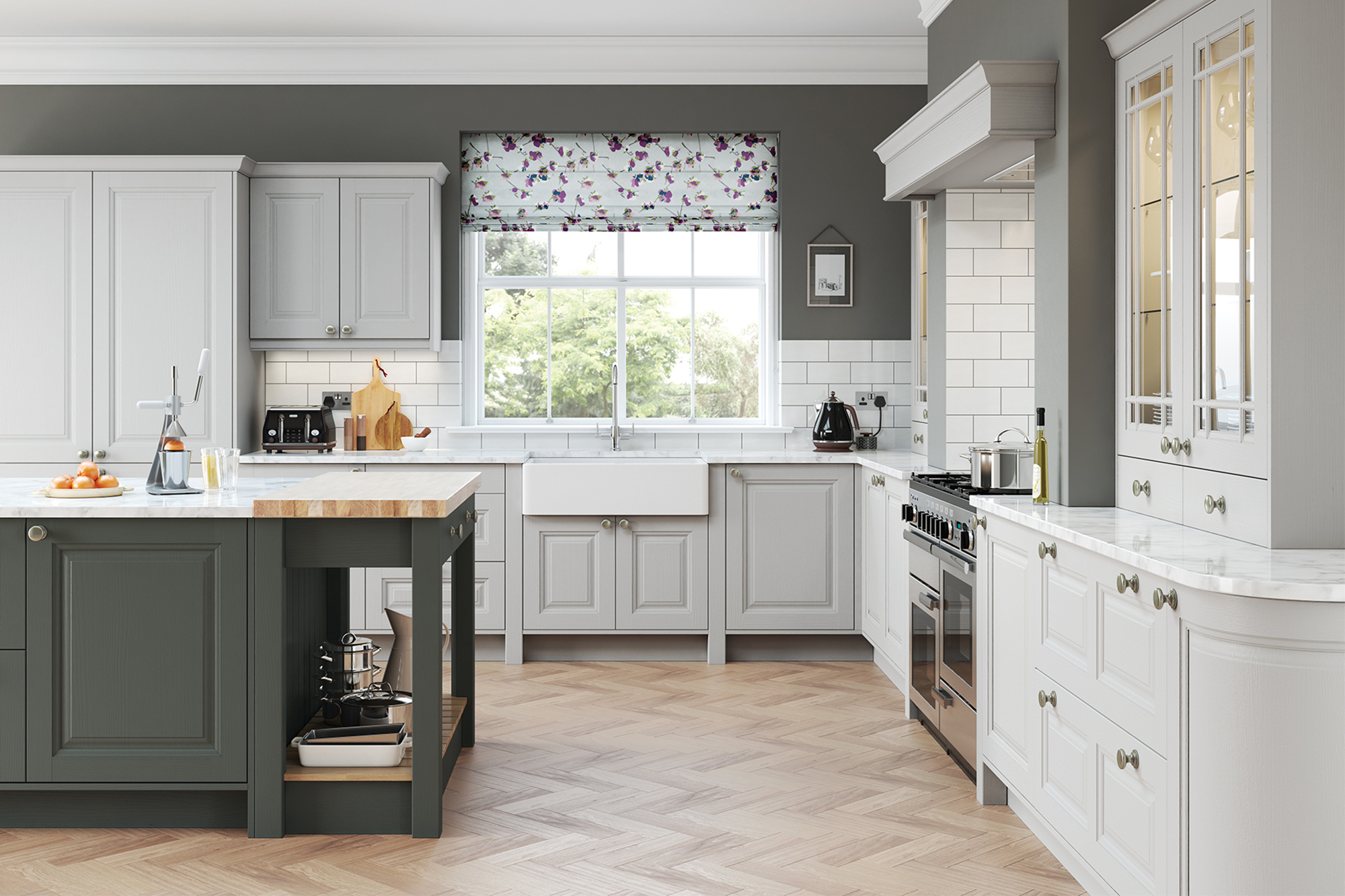 grey kitchen light brwon cabinetd