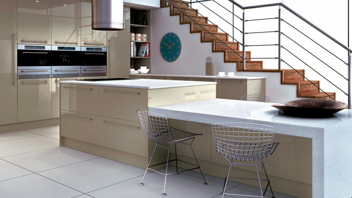 Gloss acrylic champagne kitchens offering a luxurious, warm tone that enhances kitchen elegance