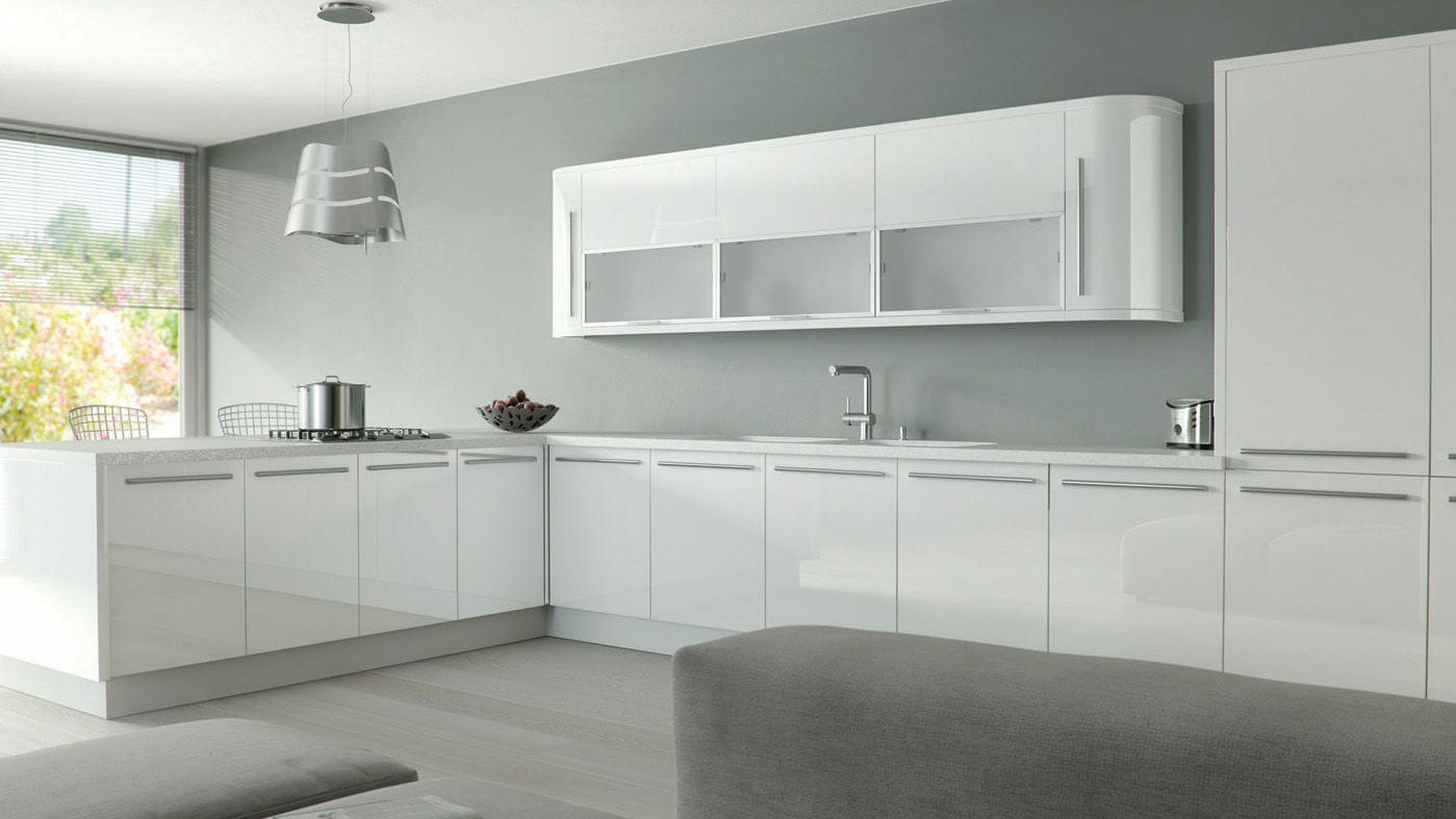 Sleek white gloss acrylic kitchen doors & units from Kitchen Warehouse UK, perfect for modern kitchen designs