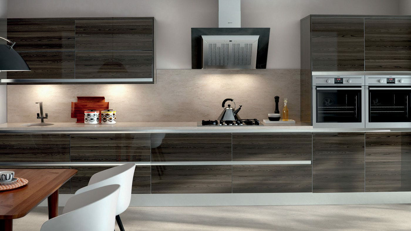 Gloss acrylic silverwood kitchens featuring a unique wood-inspired finish for a contemporary kitchen design