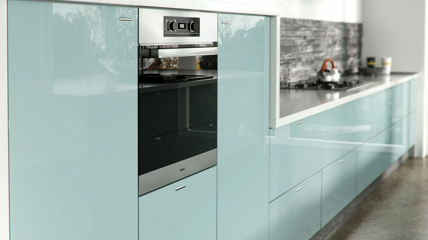 Gloss Acrylic Stardust kitchens shimmering with a glossy finish that mimics a starlit sky in a light blue tone