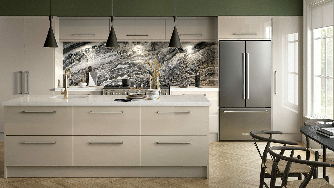 Gloss acrylic stone grey kitchens providing a sleek, modern look with a versatile grey finish