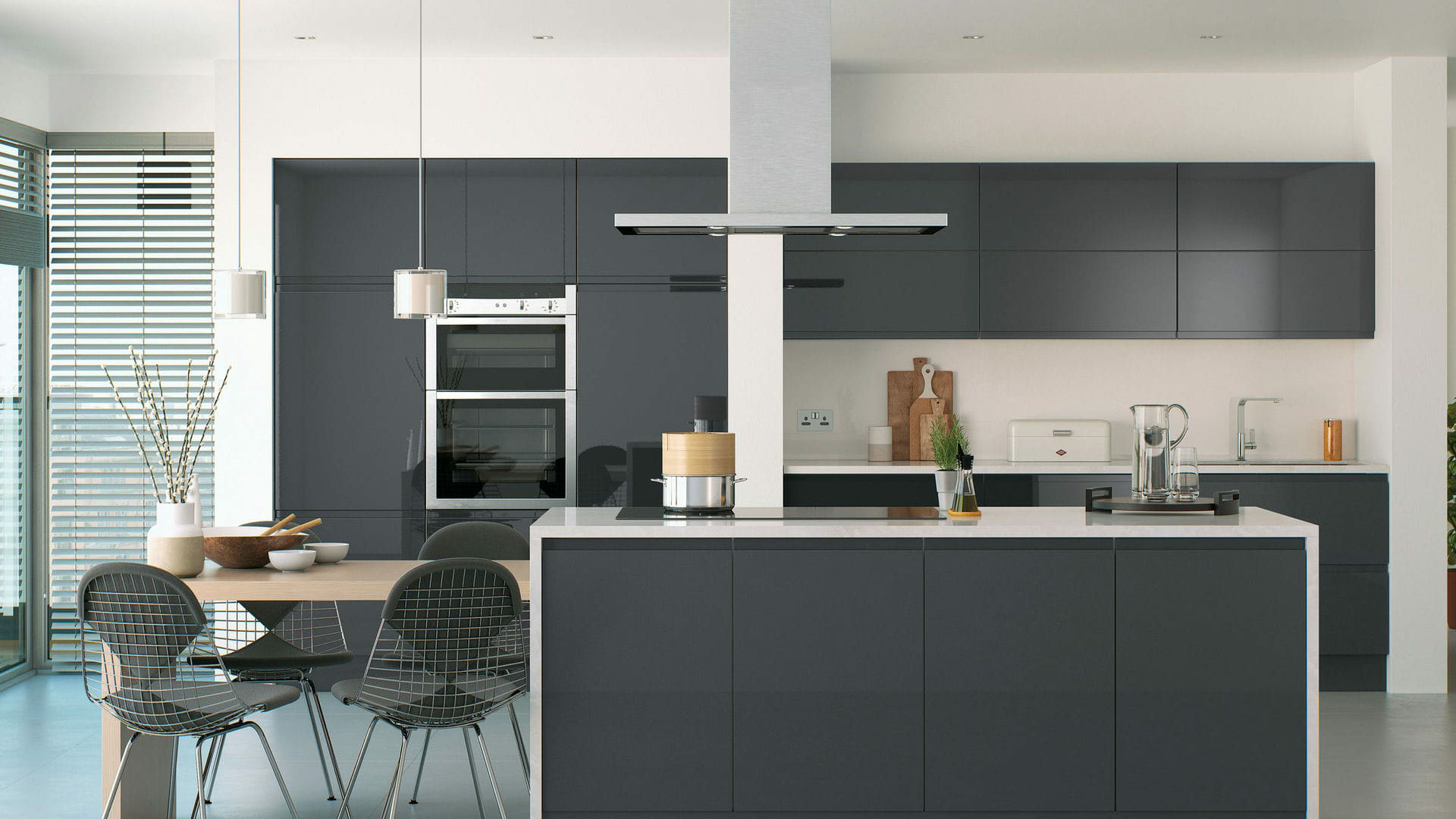 Handleless high gloss anthracite kitchens offering a sleek, reflective surface for a bold, contemporary aesthetic