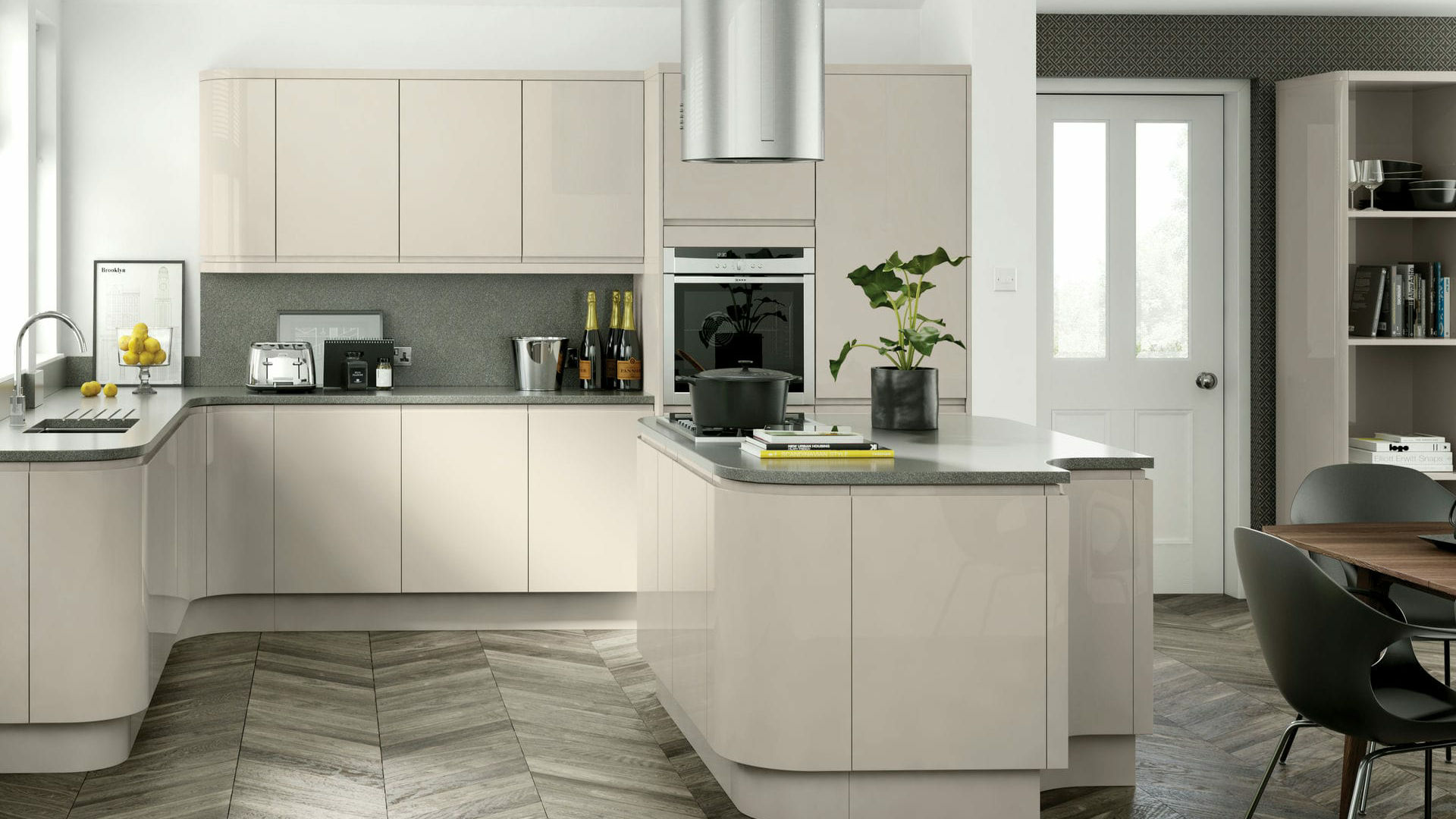 Handleless High Gloss Cashmere kitchen exuding minimalist chic with a glossy, sophisticated look
