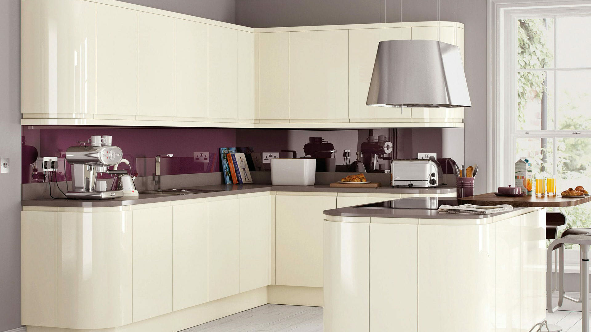 Sleek handleless high gloss cream kitchen offering a minimalist and modern look to enhance spaciousness