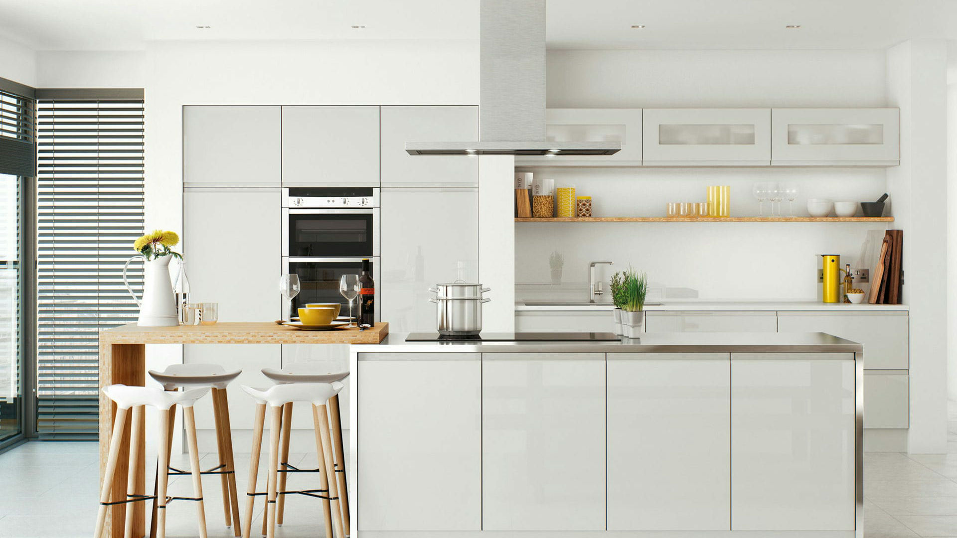 Handleless high gloss light grey kitchens exuding minimalist chic with seamless functionality