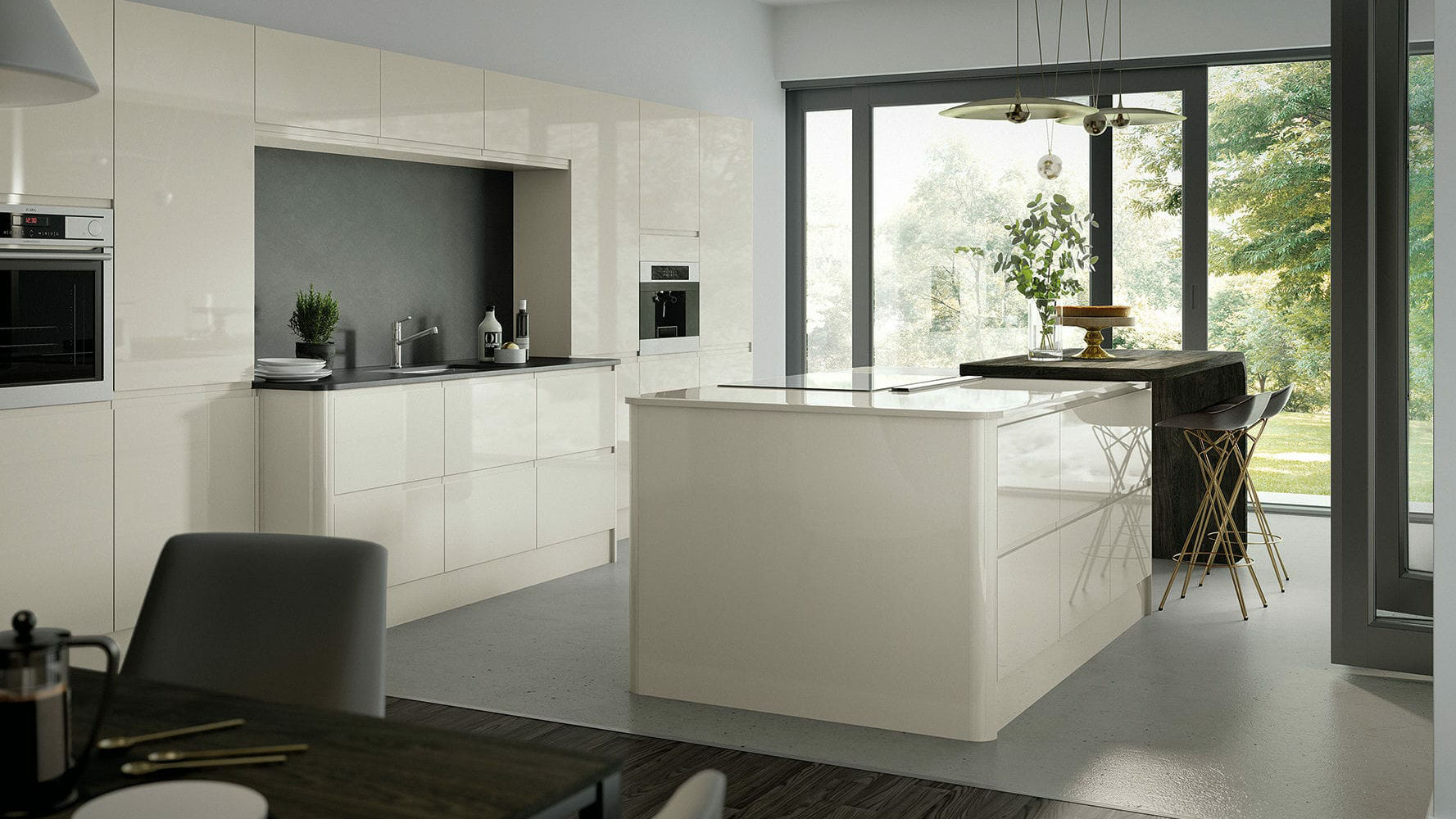 Handleless high gloss porcelain kitchens offering a sleek, reflective finish that enhances modern kitchen spaces