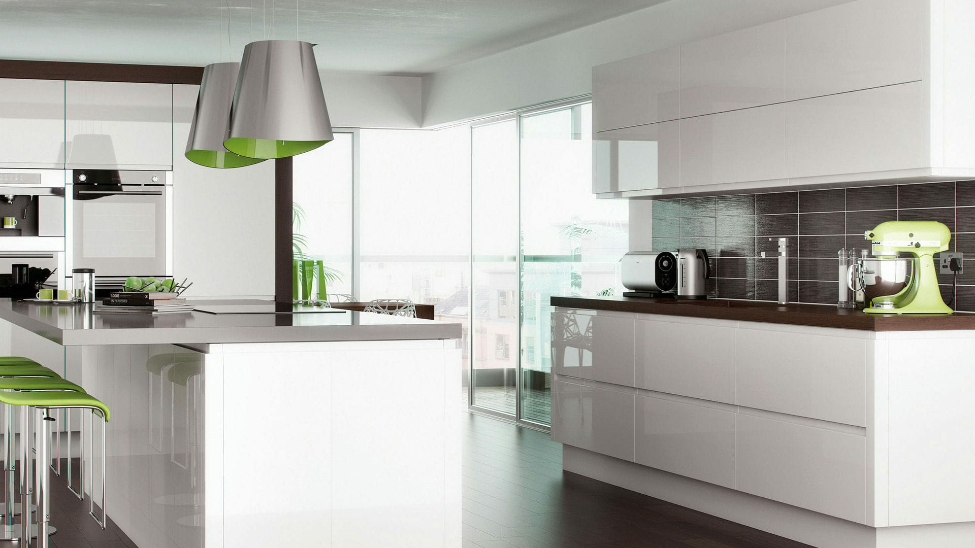 Ultra-modern handleless high gloss white kitchen units & doors, enhancing minimalistic kitchen styles