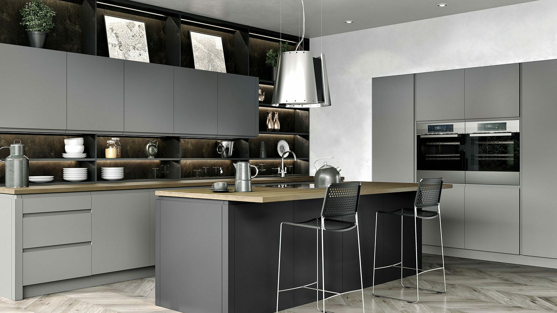Handleless matt dust grey kitchens featuring a smooth finish for a subtle and sophisticated kitchens design