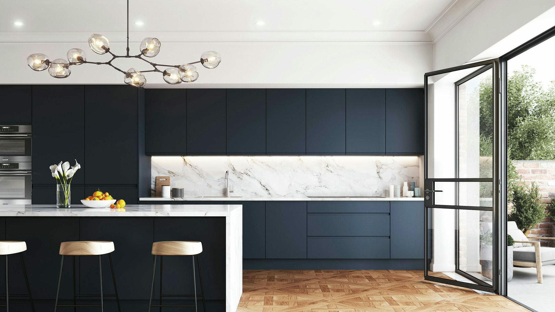 Handleless Matt Indigo kitchens offering a sleek profile in a bold indigo blue, perfect for contemporary spaces