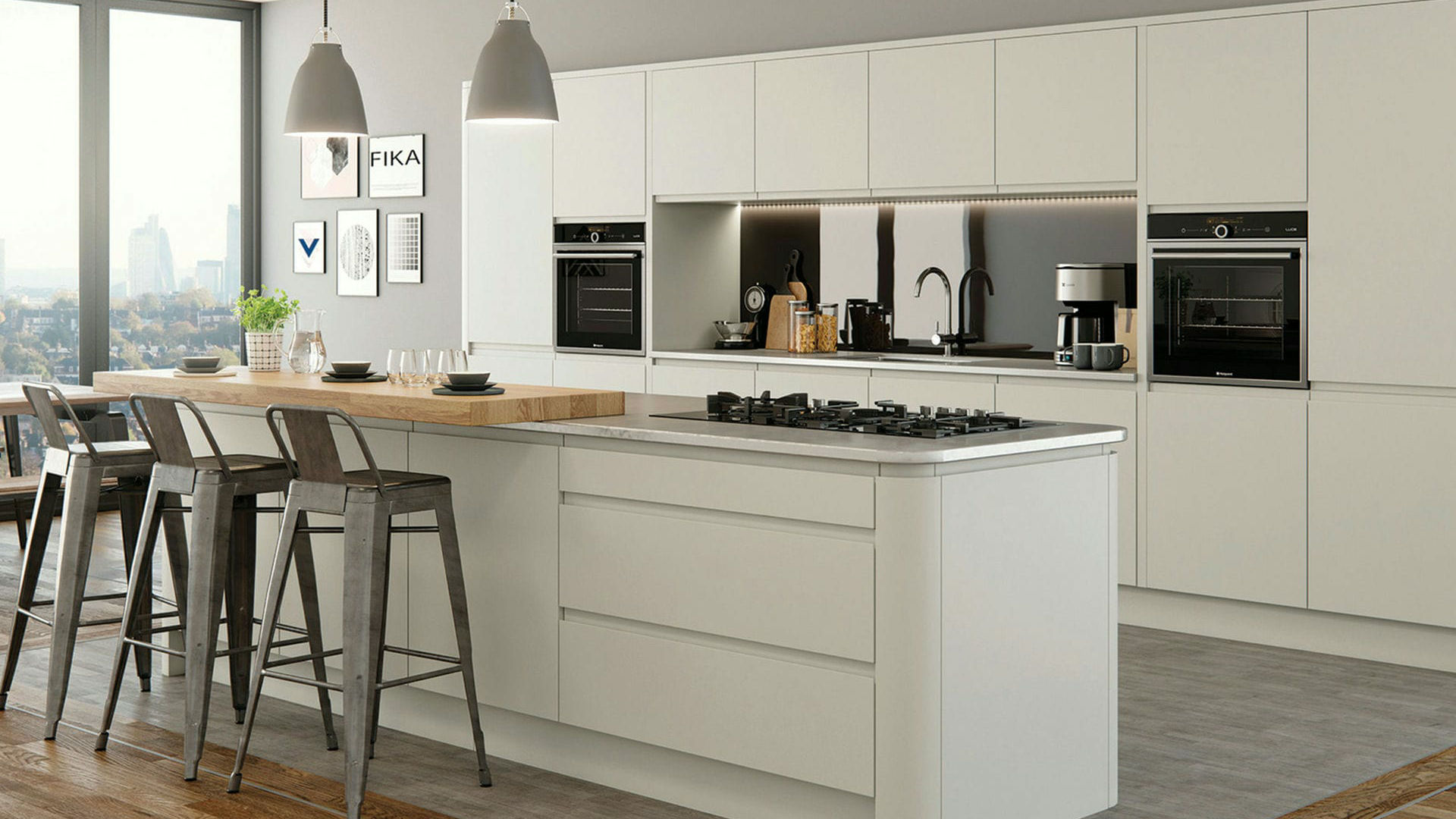Handleless matt porcelain kitchens featuring a sophisticated, understated look for contemporary designs