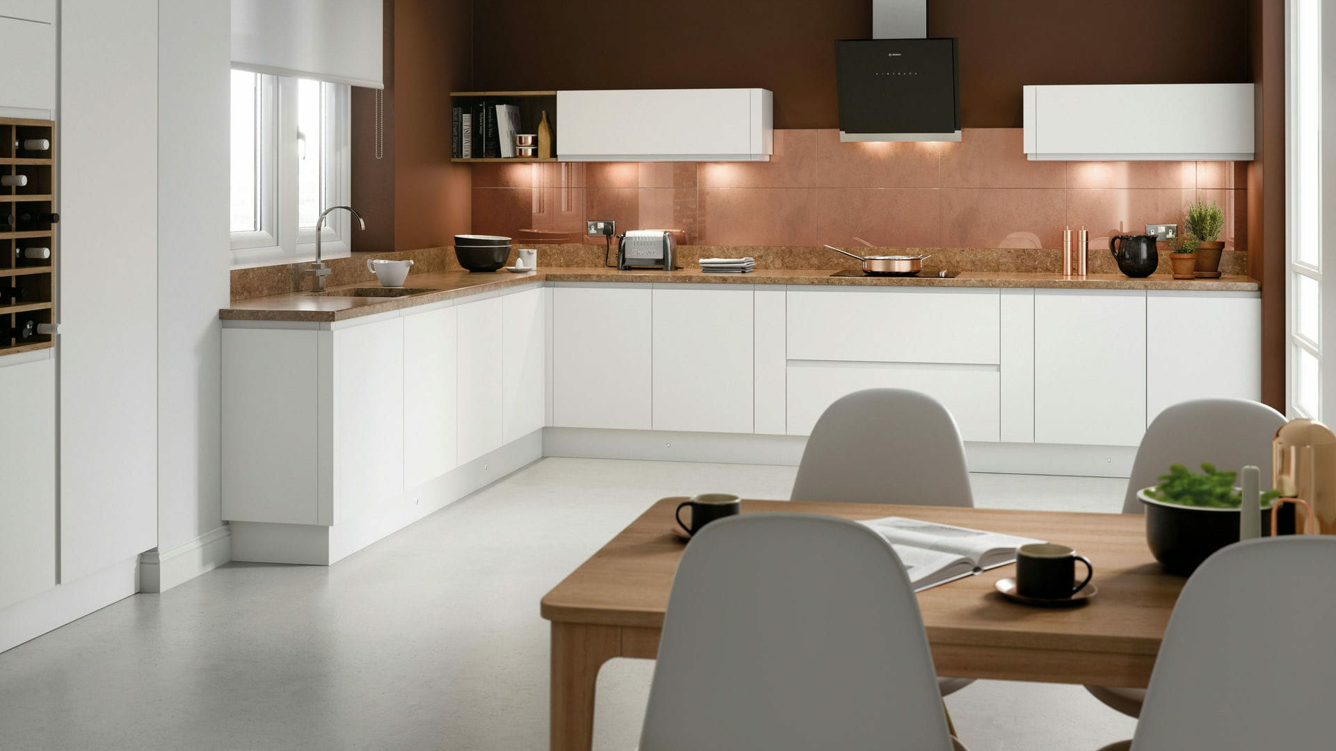 Stylish handleless matt white kitchens, ideal for a clean, streamlined kitchen look