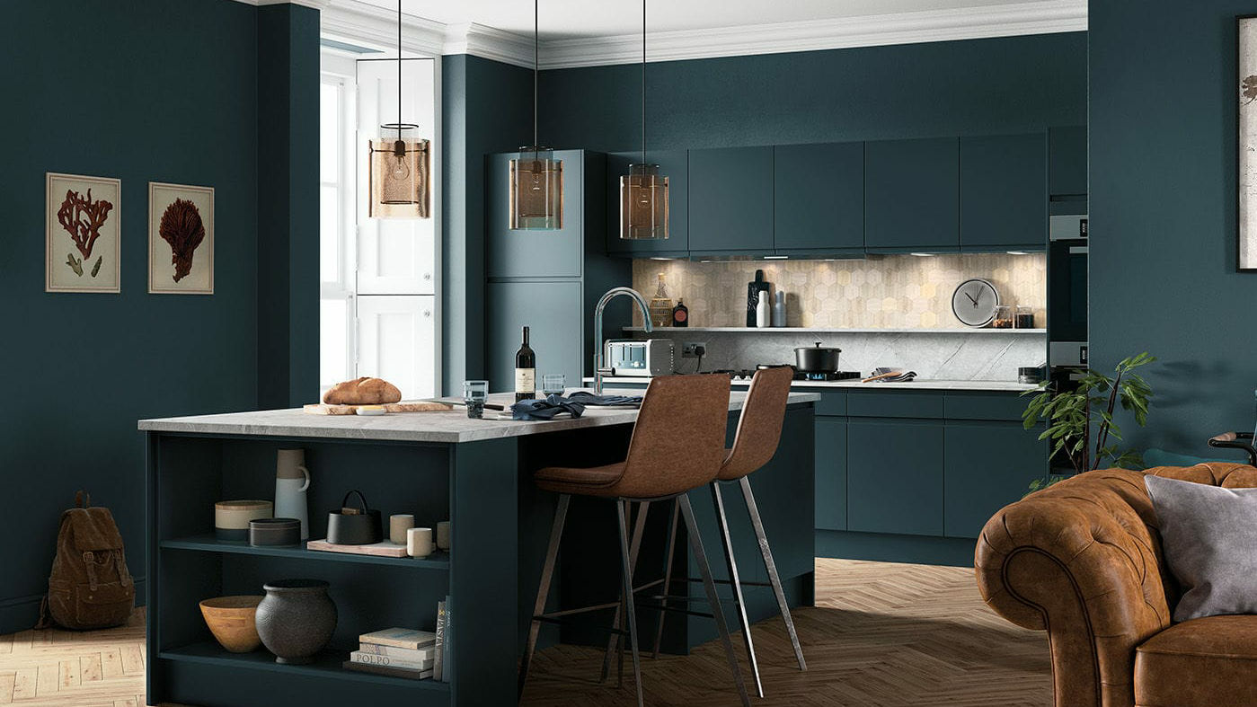 Handleless Matt Marine kitchens with a smooth matt finish in a nautical marine blue, enhancing the kitchen's minimalism