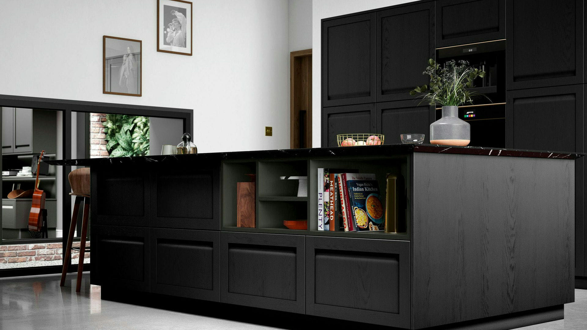 Handleless solid wood Cannon Black kitchens merging sleek design with the warmth of wood in a bold palette