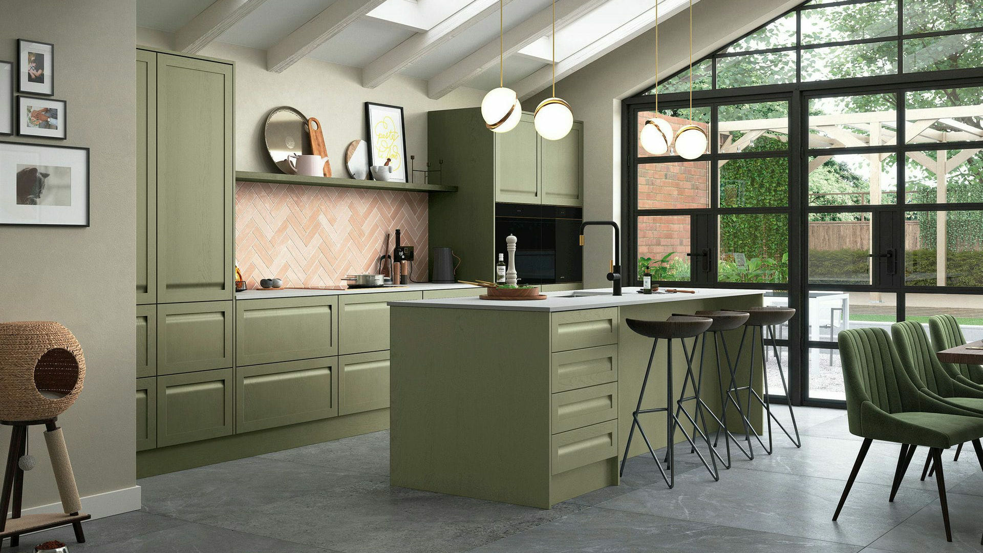 Handleless Solid Wood Cardamom kitchens blending the warmth of wood with the exotic spice of cardamom green