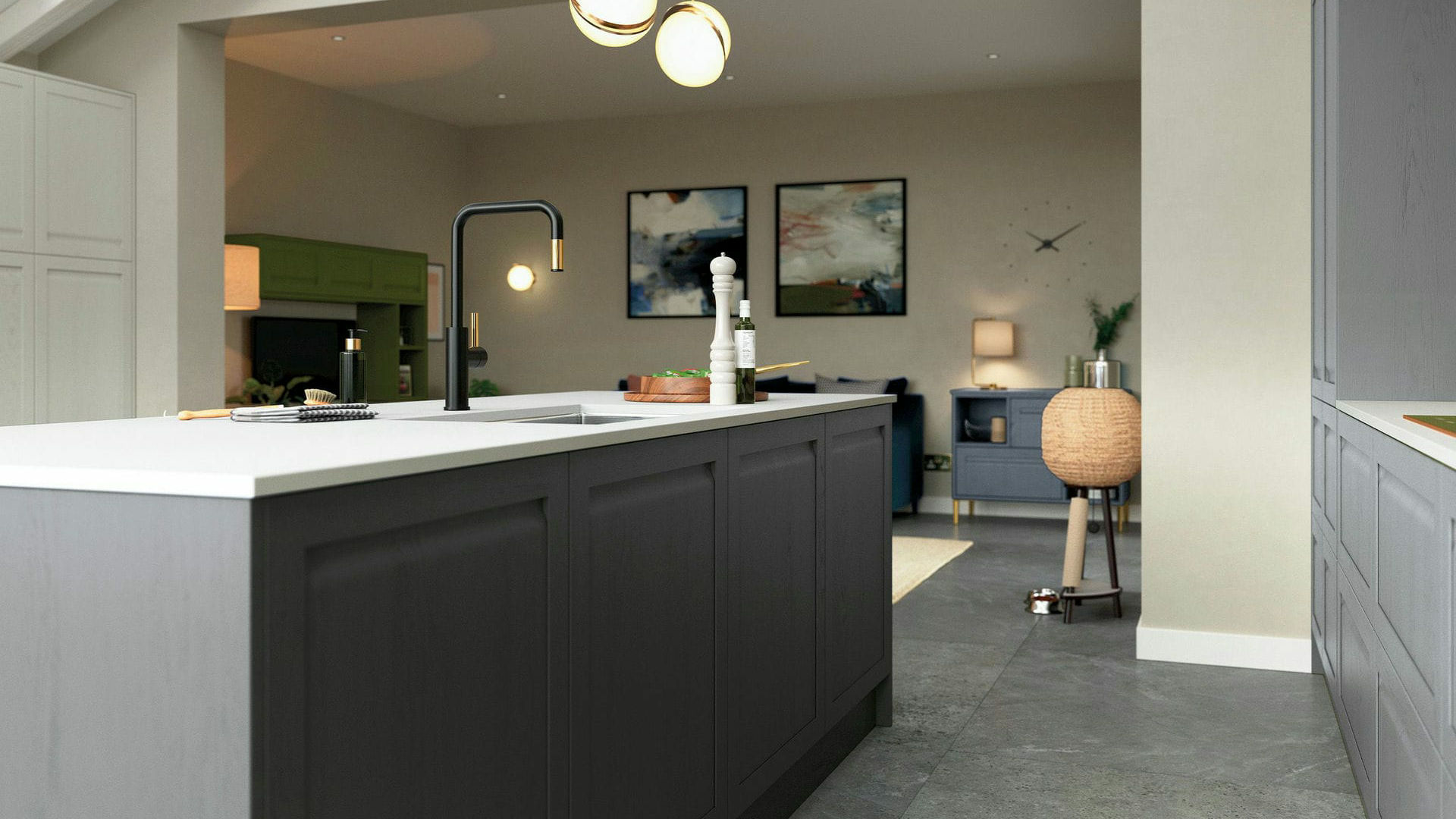 Handleless solid wood dust grey kitchens merging the warmth of wood with a modern dust grey tone