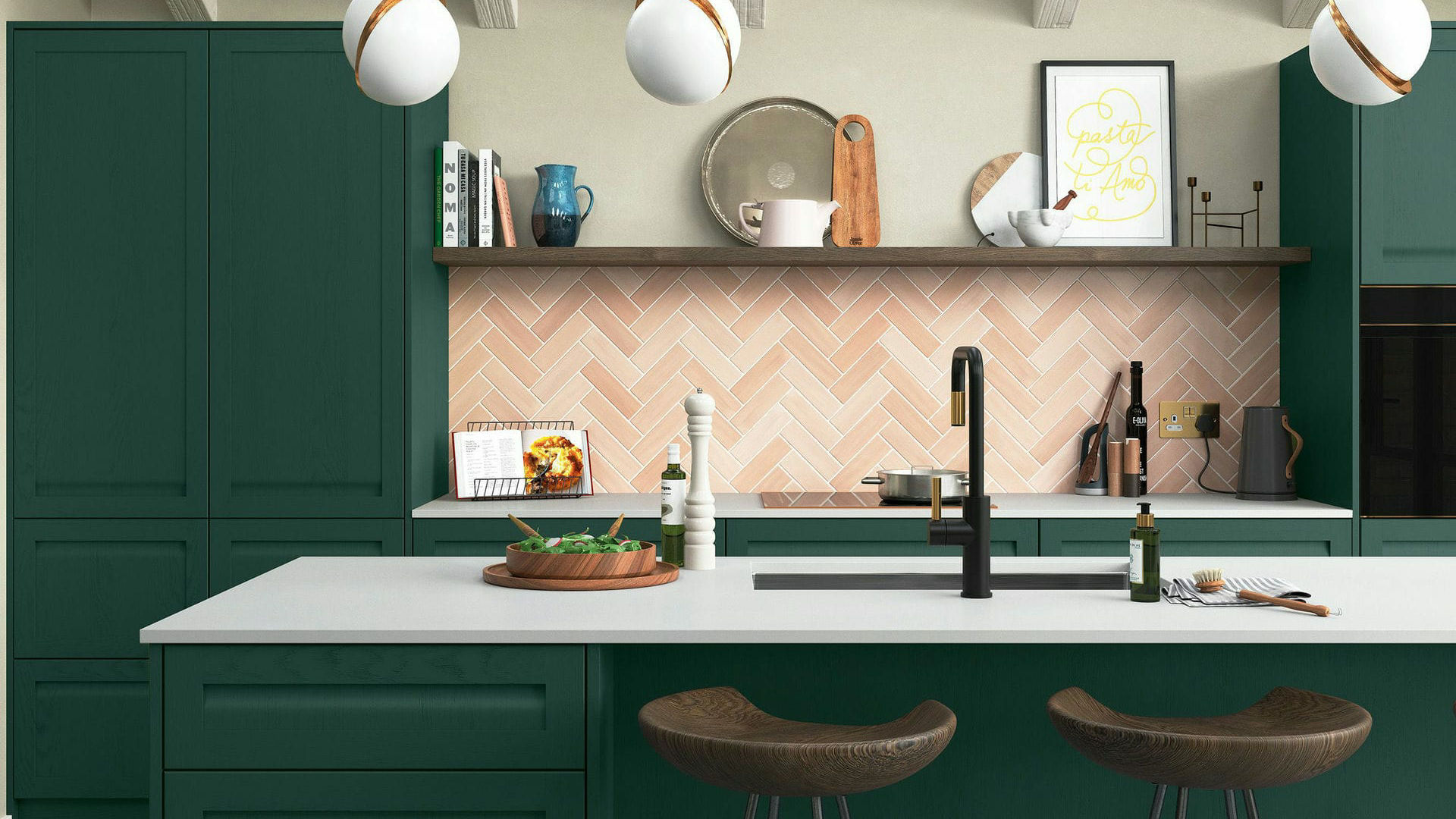 Handleless Solid Wood Heritage Green kitchens with a timeless color for a stately kitchen presence