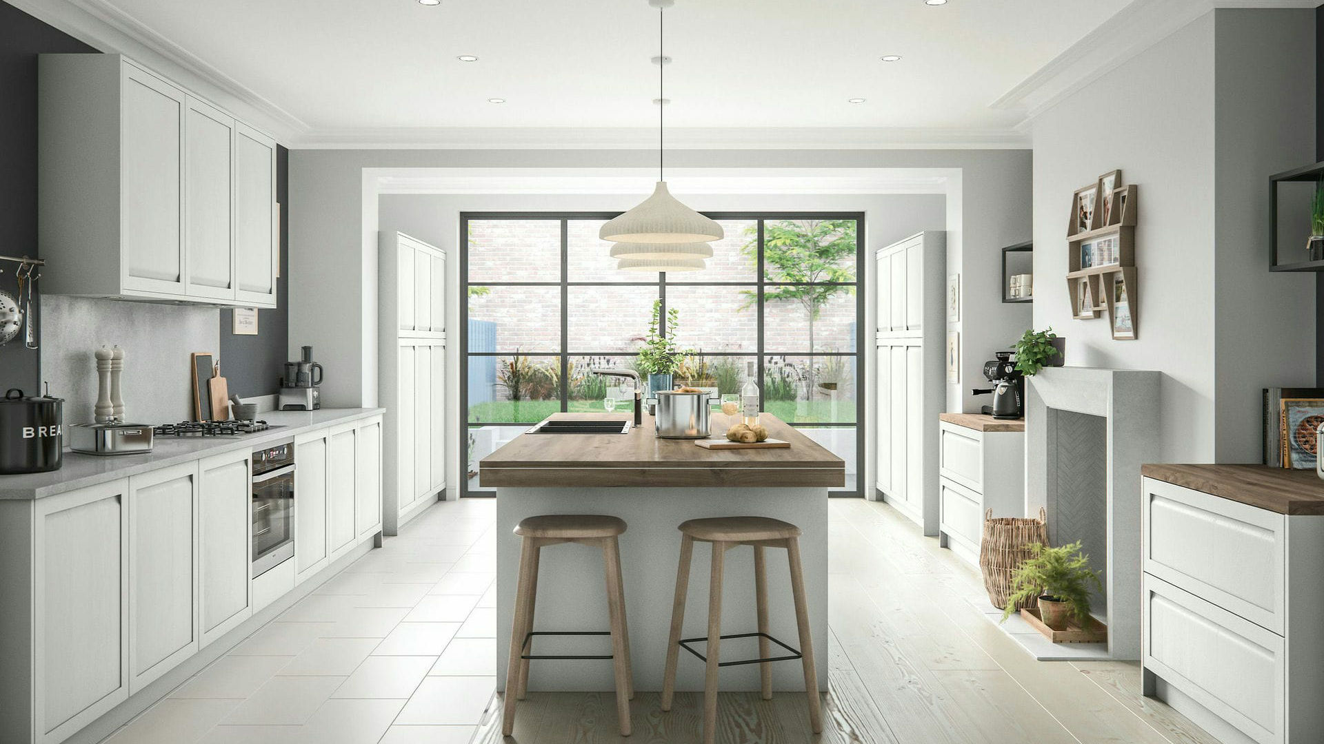 Handleless solid wood light grey kitchens blending the warmth of wood with a contemporary light grey palette