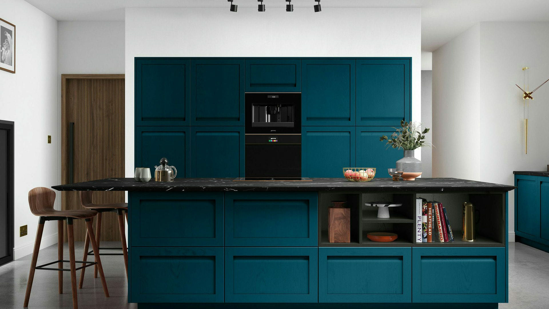 Handleless Solid Wood Marine kitchens combining the warmth of wood with a deep marine blue for a modern feel