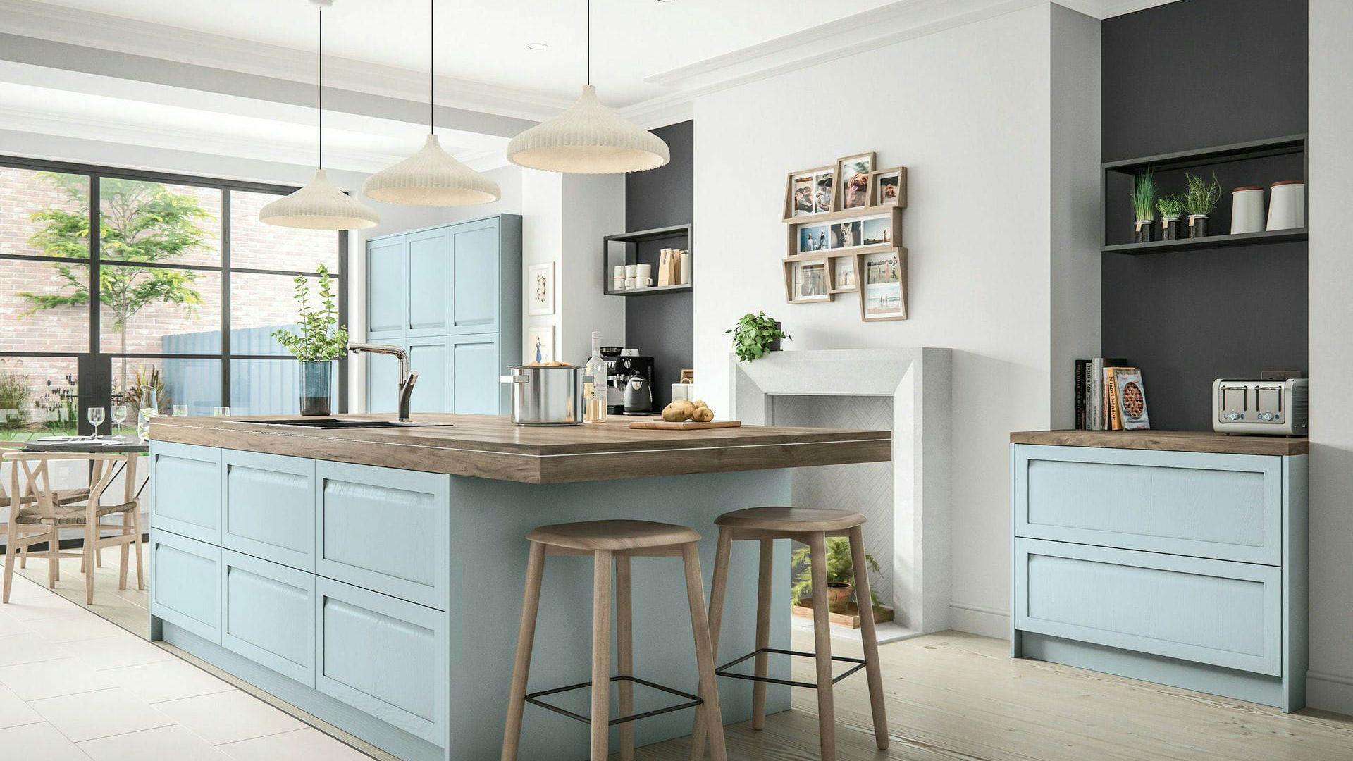 Handleless solid wood Pantry Blue kitchens offering a sleek, contemporary look with a charming pantry blue hue