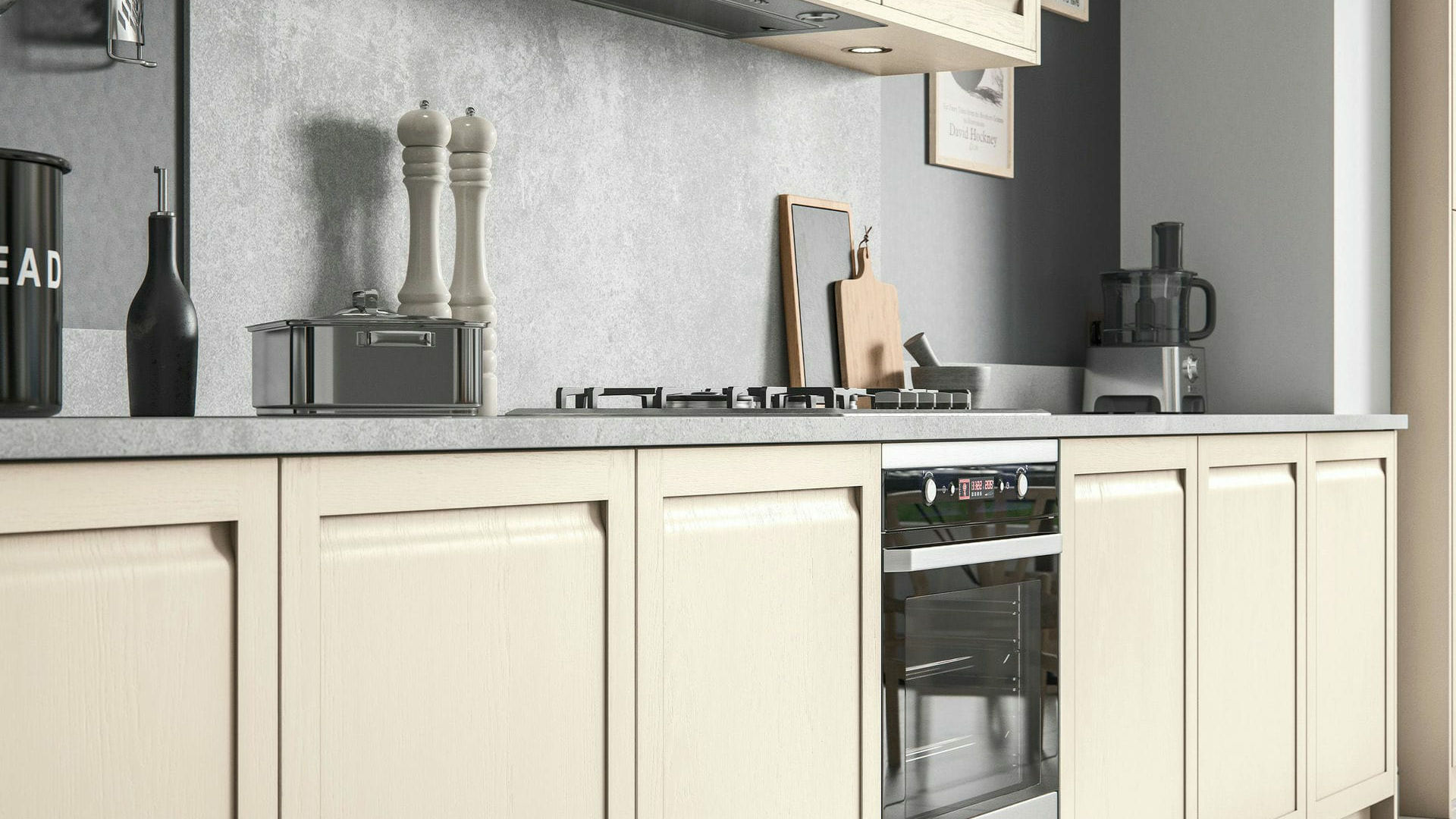 Handleless solid wood shell kitchens showcasing a minimalist design with a smooth, natural wood finish