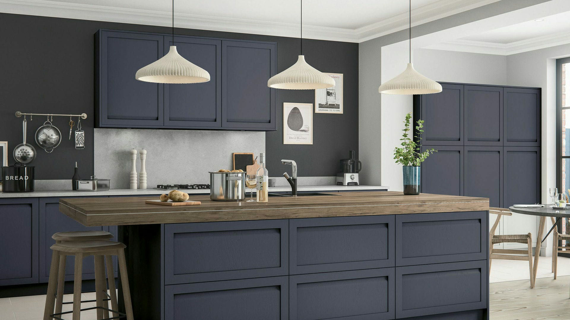 Handleless Solid Wood Slate Blue kitchens exuding understated elegance in a muted slate blue tone
