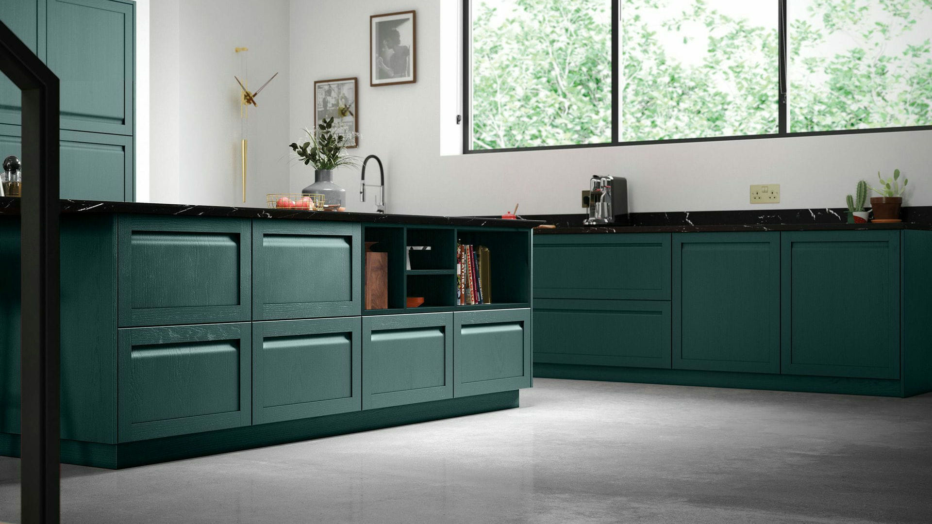 Handleless Solid Wood Viridian kitchens presenting a bold viridian hue in a contemporary handleless design