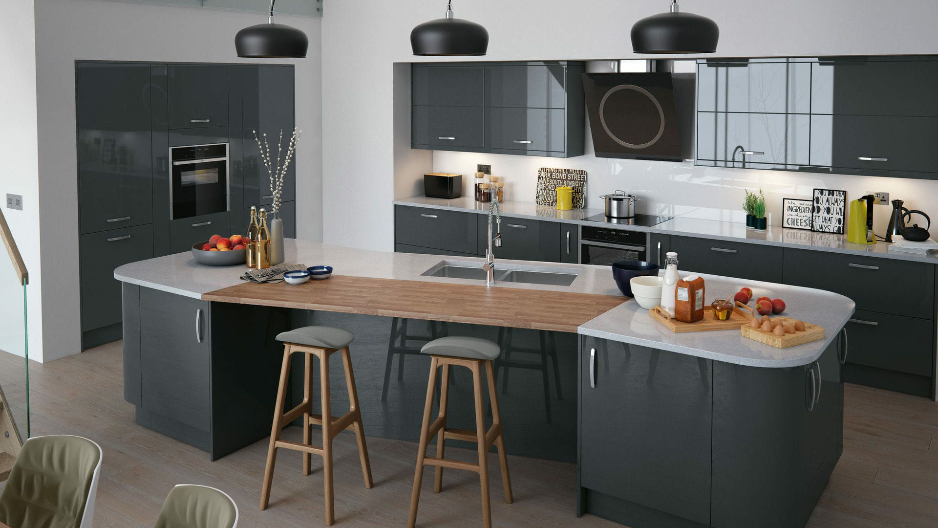 High gloss anthracite kitchens designed to reflect light for a dramatic and sophisticated kitchen environment