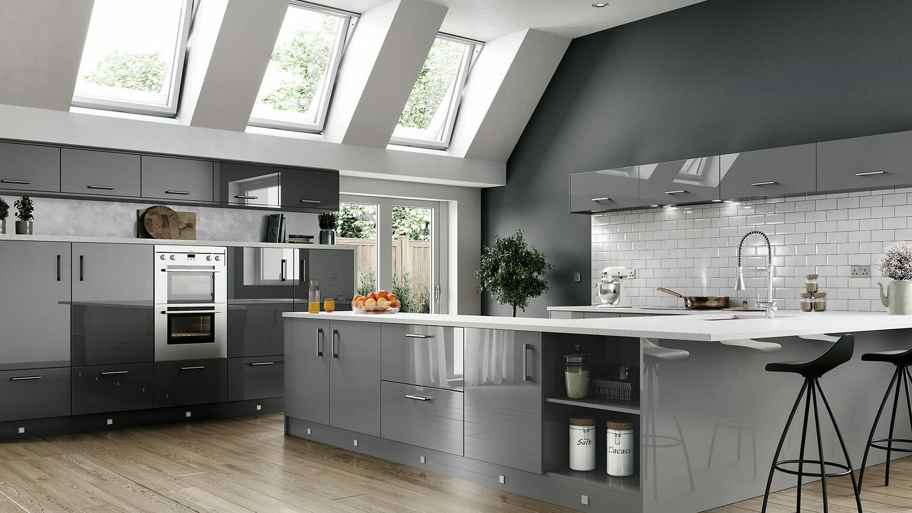 High gloss dust grey kitchens with a reflective finish that adds depth and modernity to the space