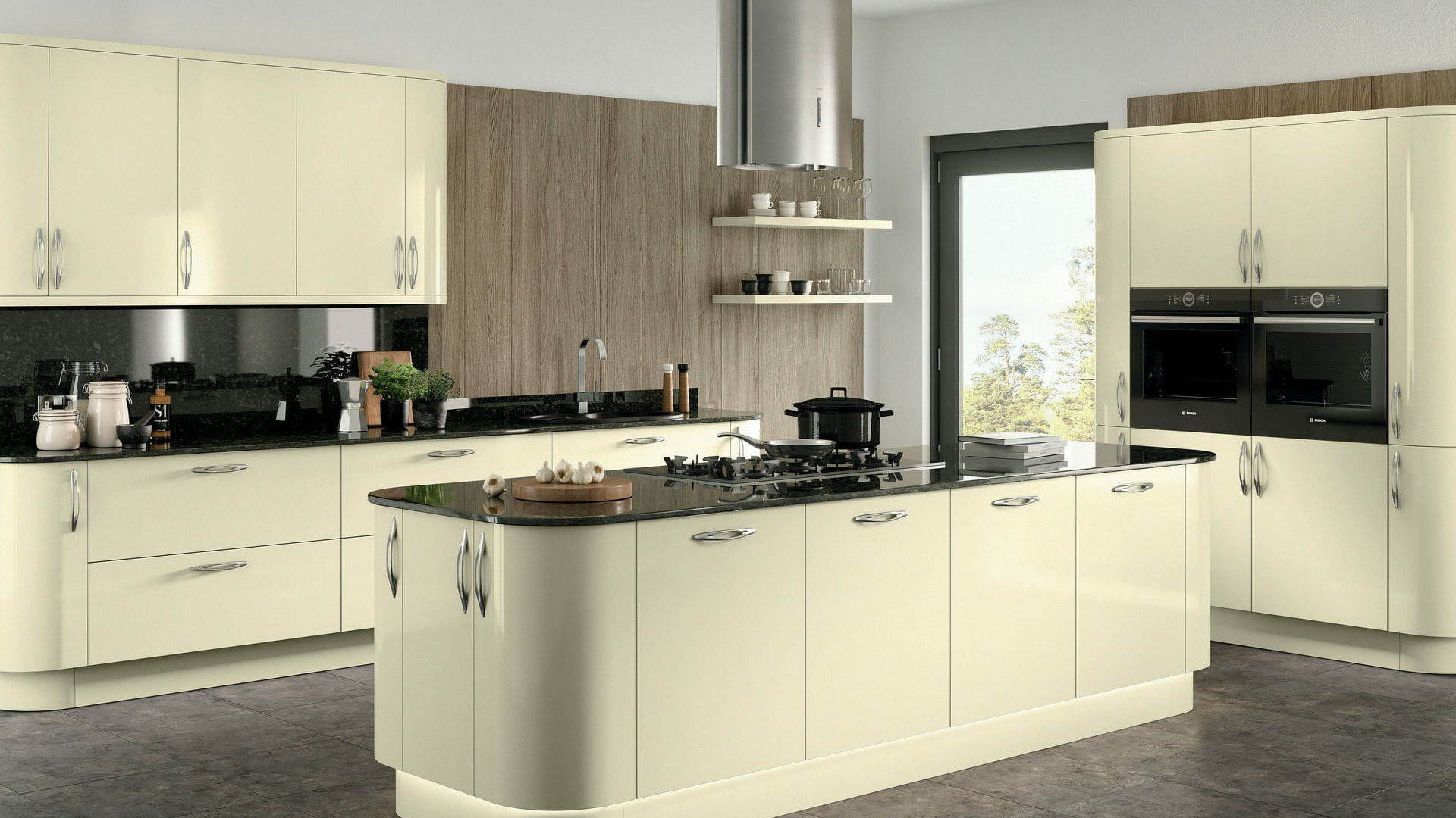 High gloss ivory kitchen surfaces reflecting light beautifully, ideal for creating a bright and inviting kitchen space