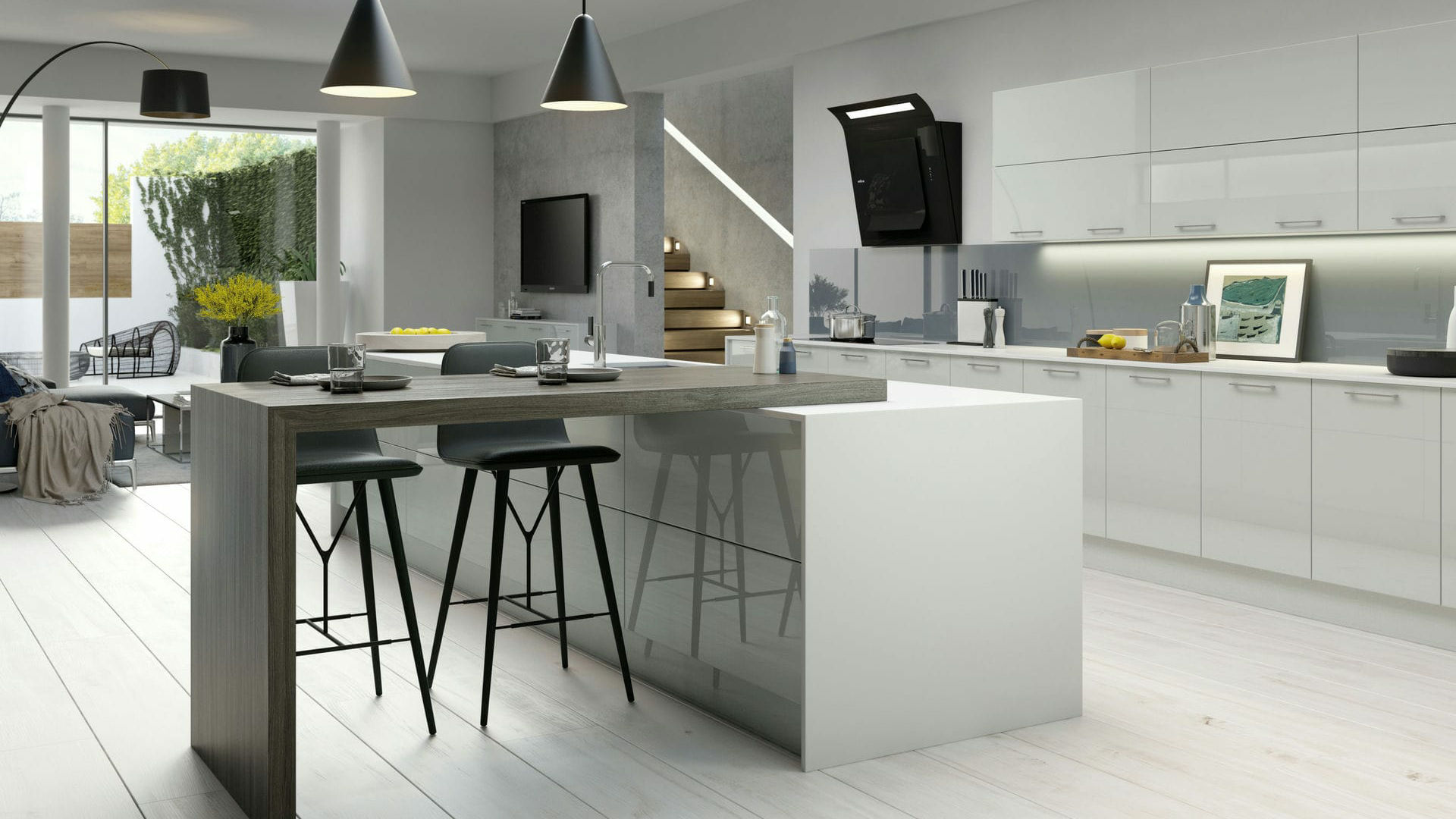 High gloss light grey kitchens reflecting a sleek, modern look with a lustrous finish