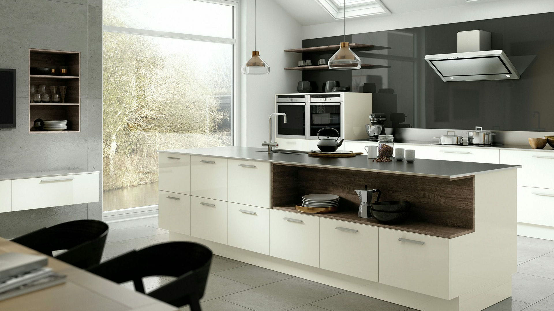 High gloss porcelain kitchens designed to reflect light beautifully, making spaces brighter and more welcoming