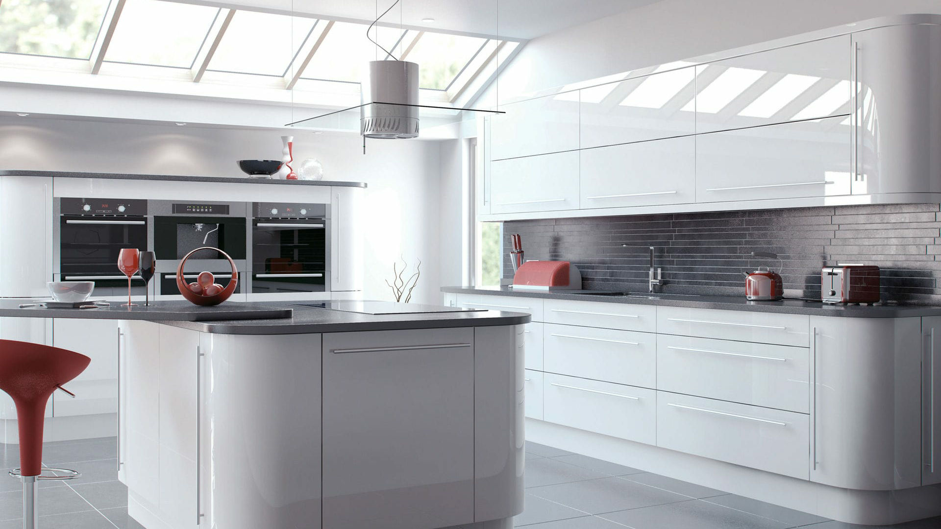 High gloss white kitchen, reflecting light beautifully to brighten any kitchen space