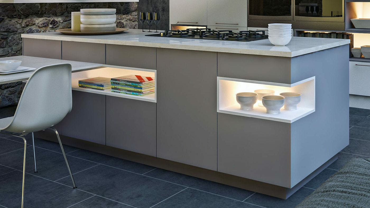 Matt acrylic dust grey kitchens boasting a chic, velvety finish for contemporary kitchens elegance