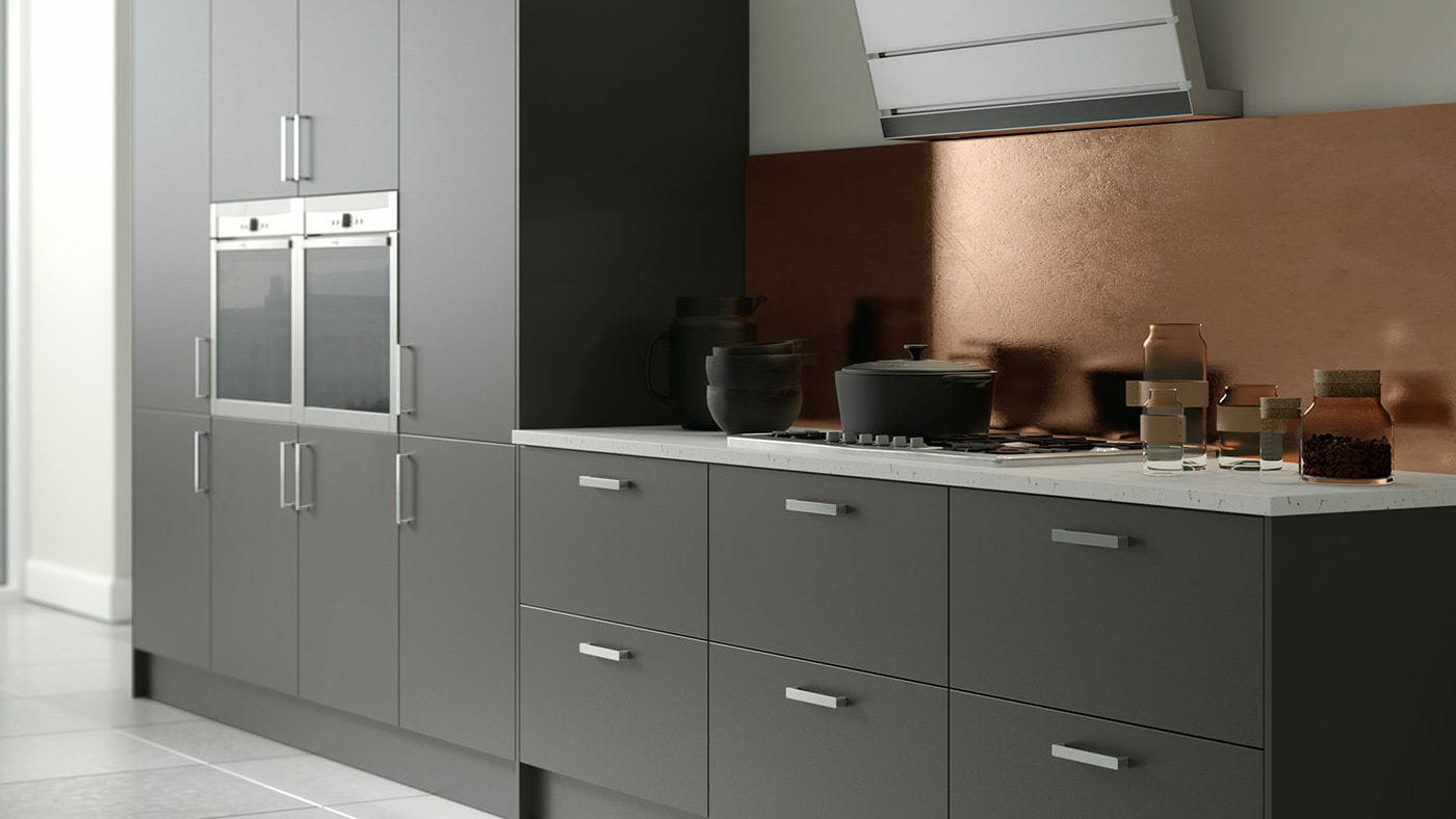 Matt acrylic graphite kitchens featuring a modern, non-reflective finish for a sophisticated and bold look