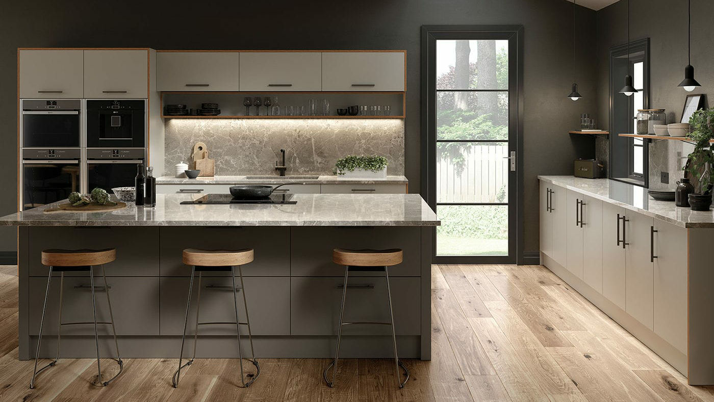 Matt acrylic pebble kitchens featuring a subtle, natural stone effect for a serene kitchen ambiance