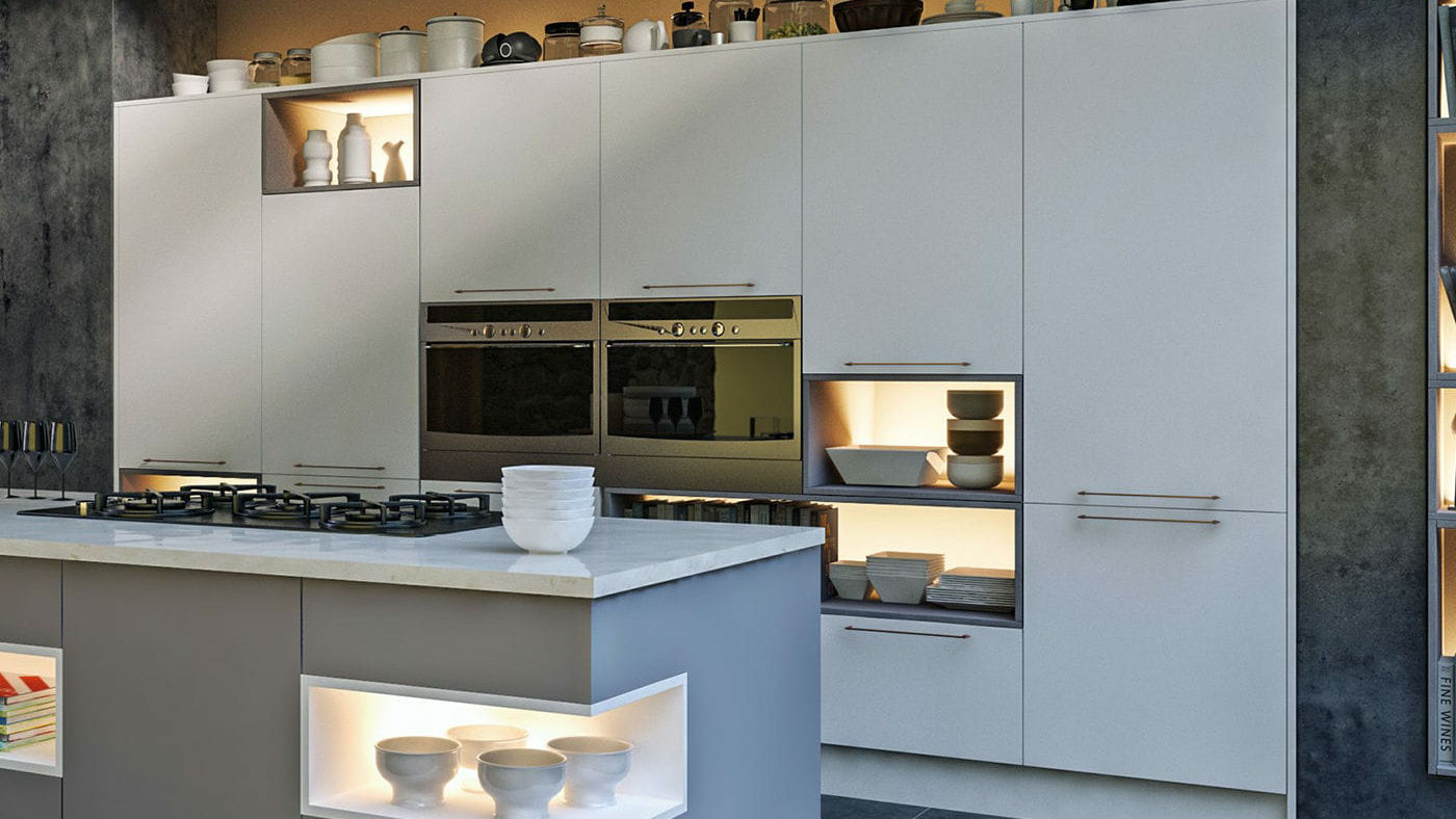 Smooth matt acrylic white kitchens, offering a subtle elegance for contemporary kitchens