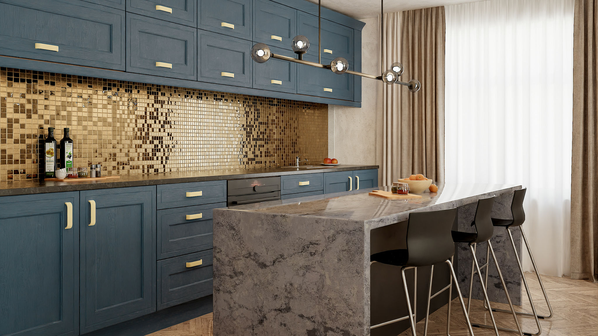 Mock Inframe Winslow Marine kitchens combining the classic inframe style with a contemporary marine blue finish