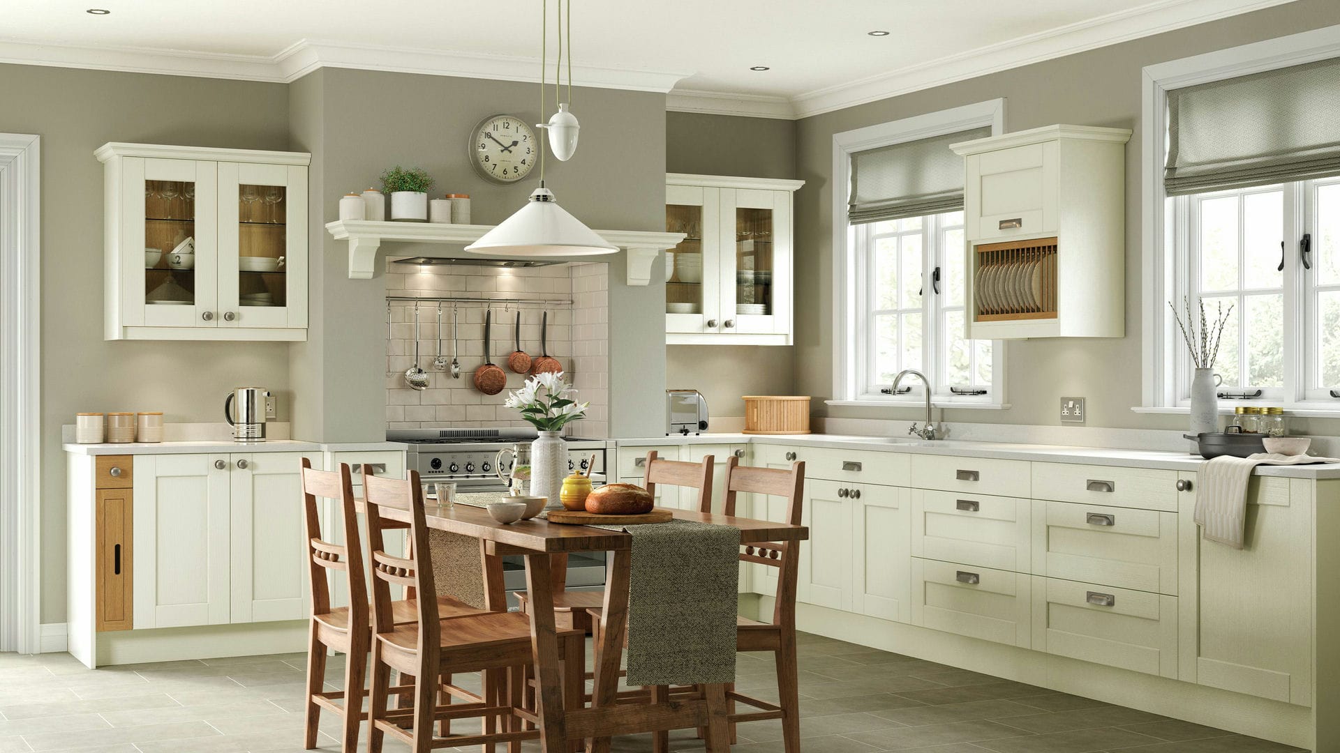Modern shaker ivory kitchen blending classic design with contemporary aesthetics in kitchen layouts