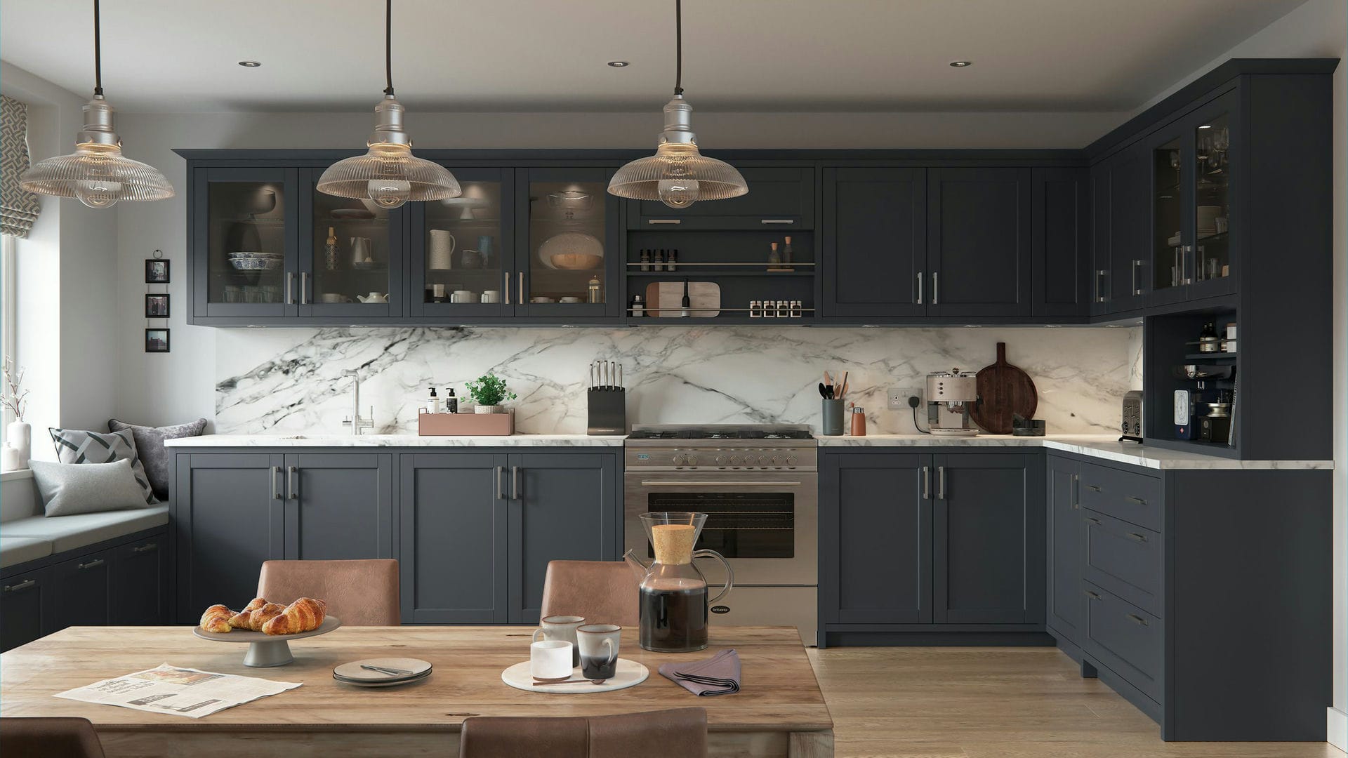 Signature Smooth Indigo kitchens featuring a seamless finish in a rich indigo blue, for a sleek look