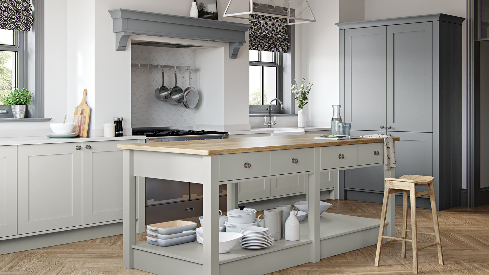 Georgia dust grey smooth shaker kitchens offering a combination of traditional design and mid-grey modernity
