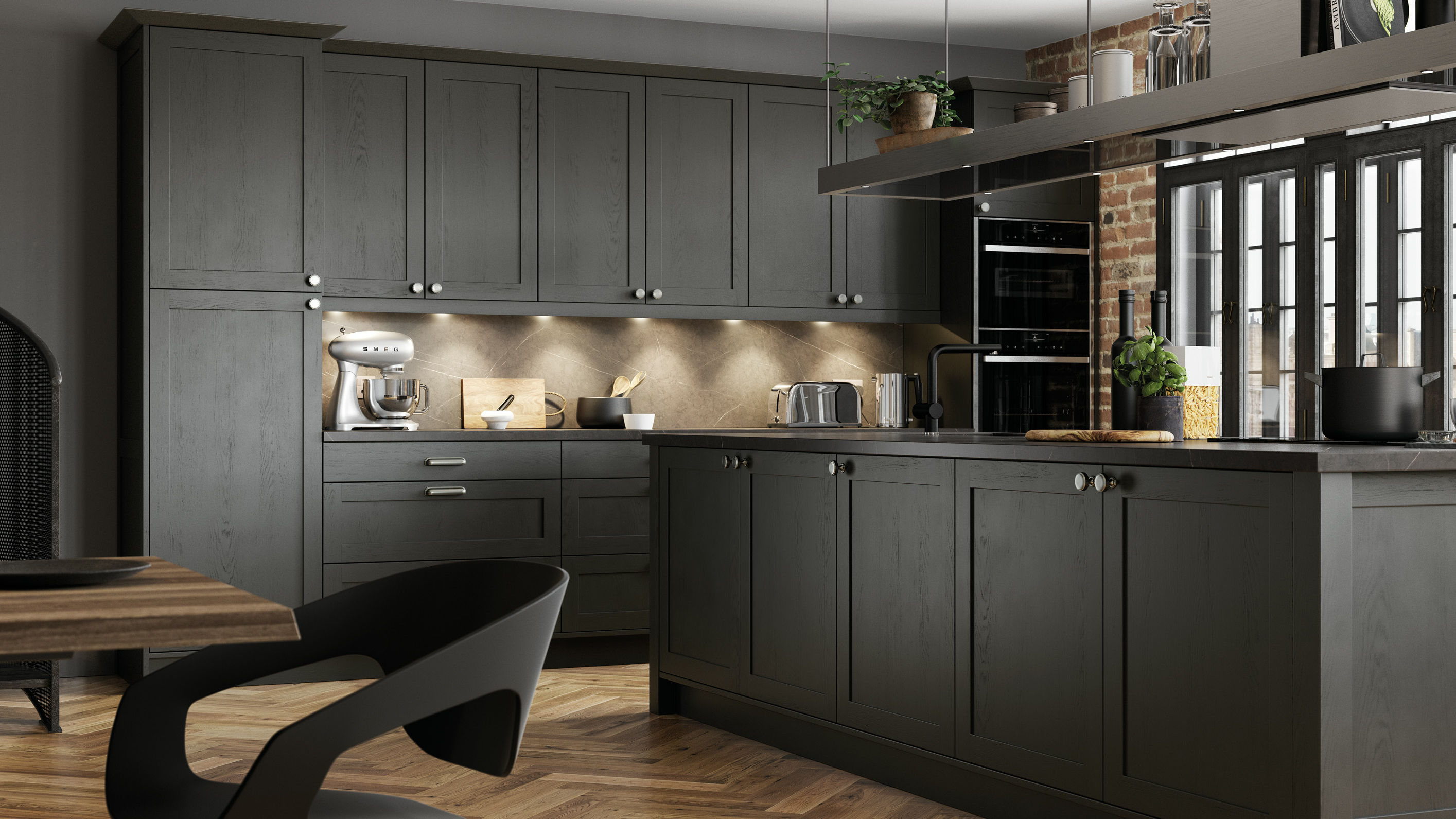 Aldana solid wood graphite kitchens with detailed craftsmanship and an elegant, moody grey aesthetic