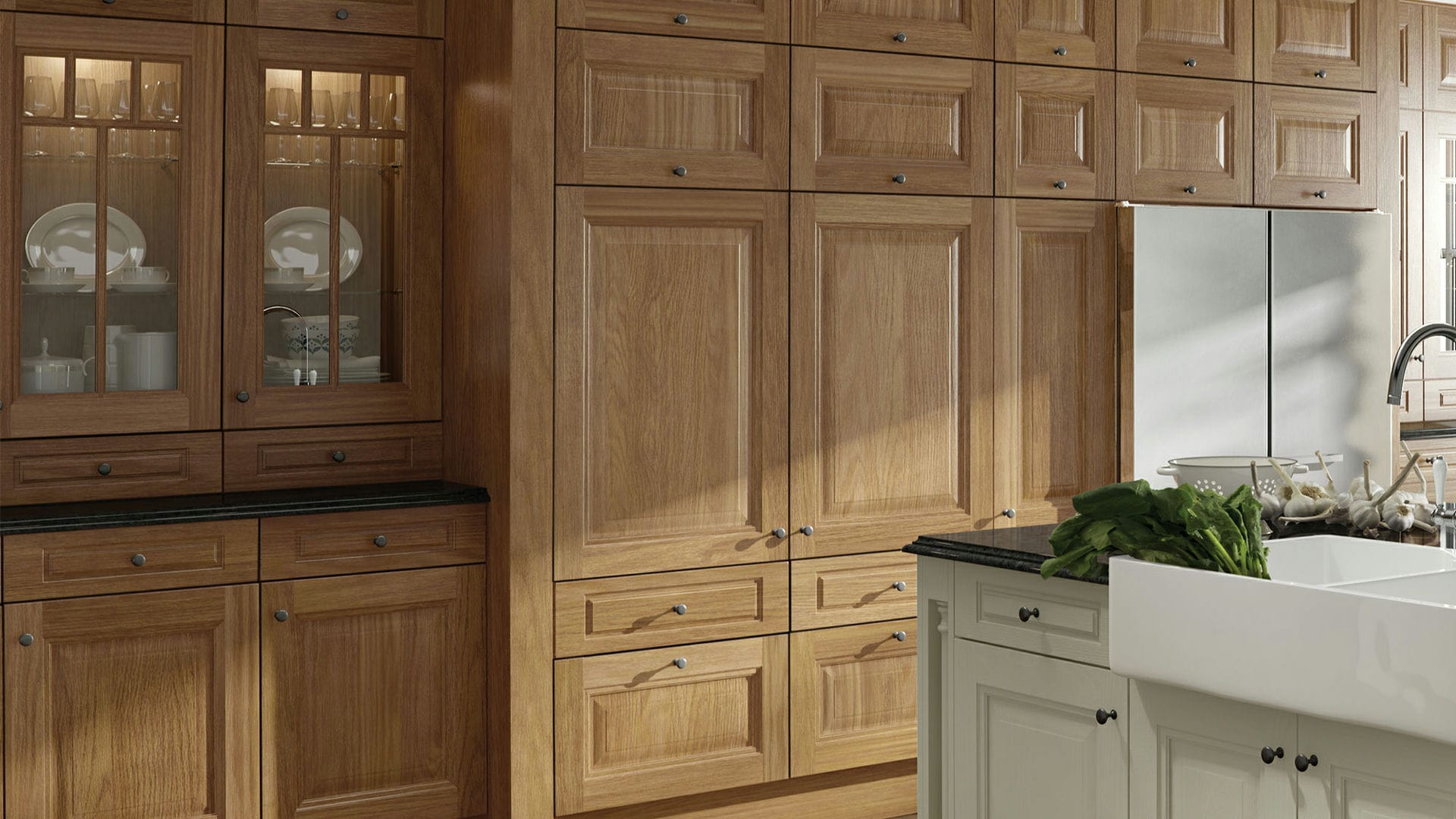 Solid wood Jefferson oak kitchens combining durable oak construction with a timeless design for classic appeal