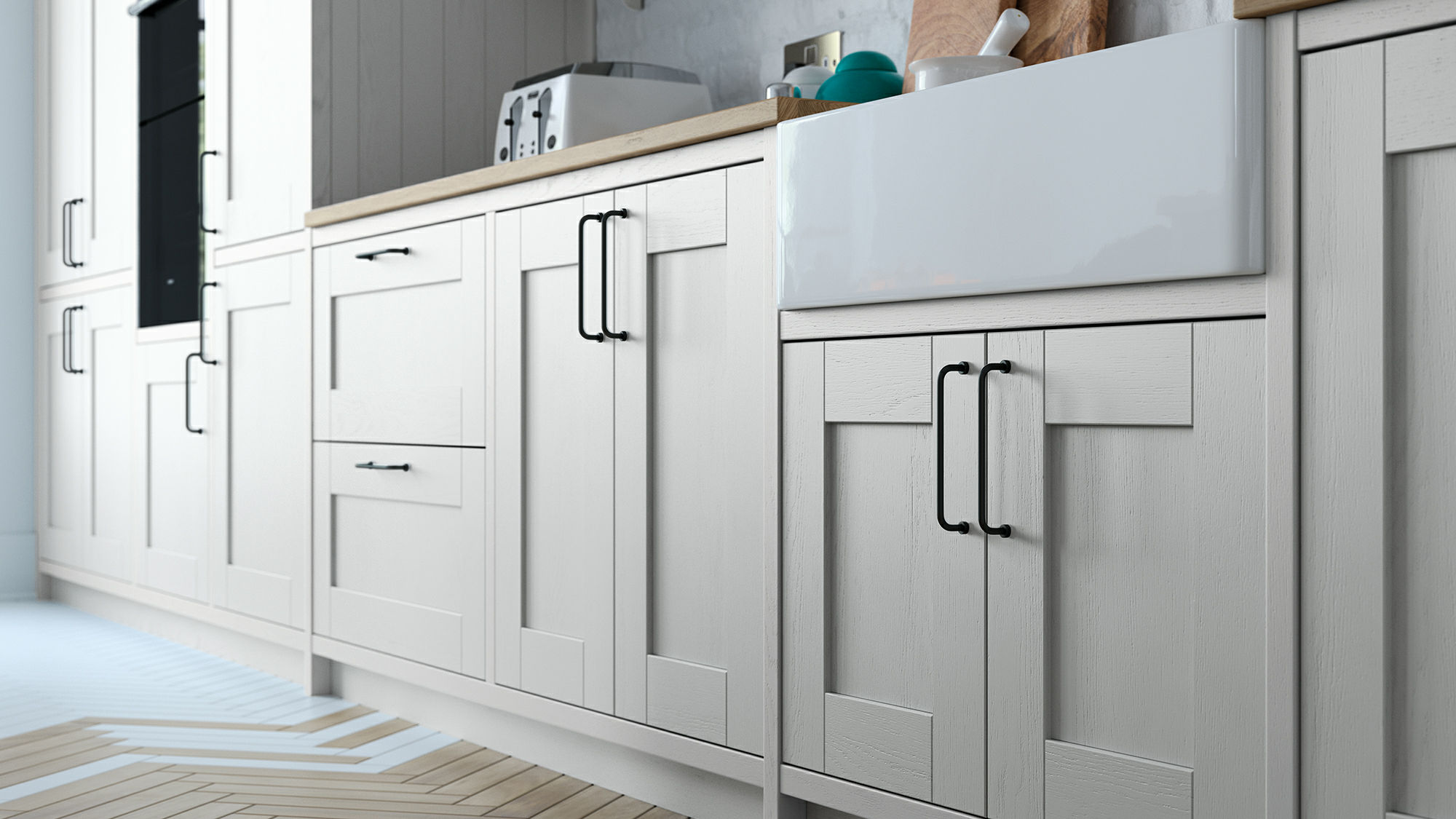 Madison solid wood light grey kitchens offering robust construction and a sleek, light grey hue