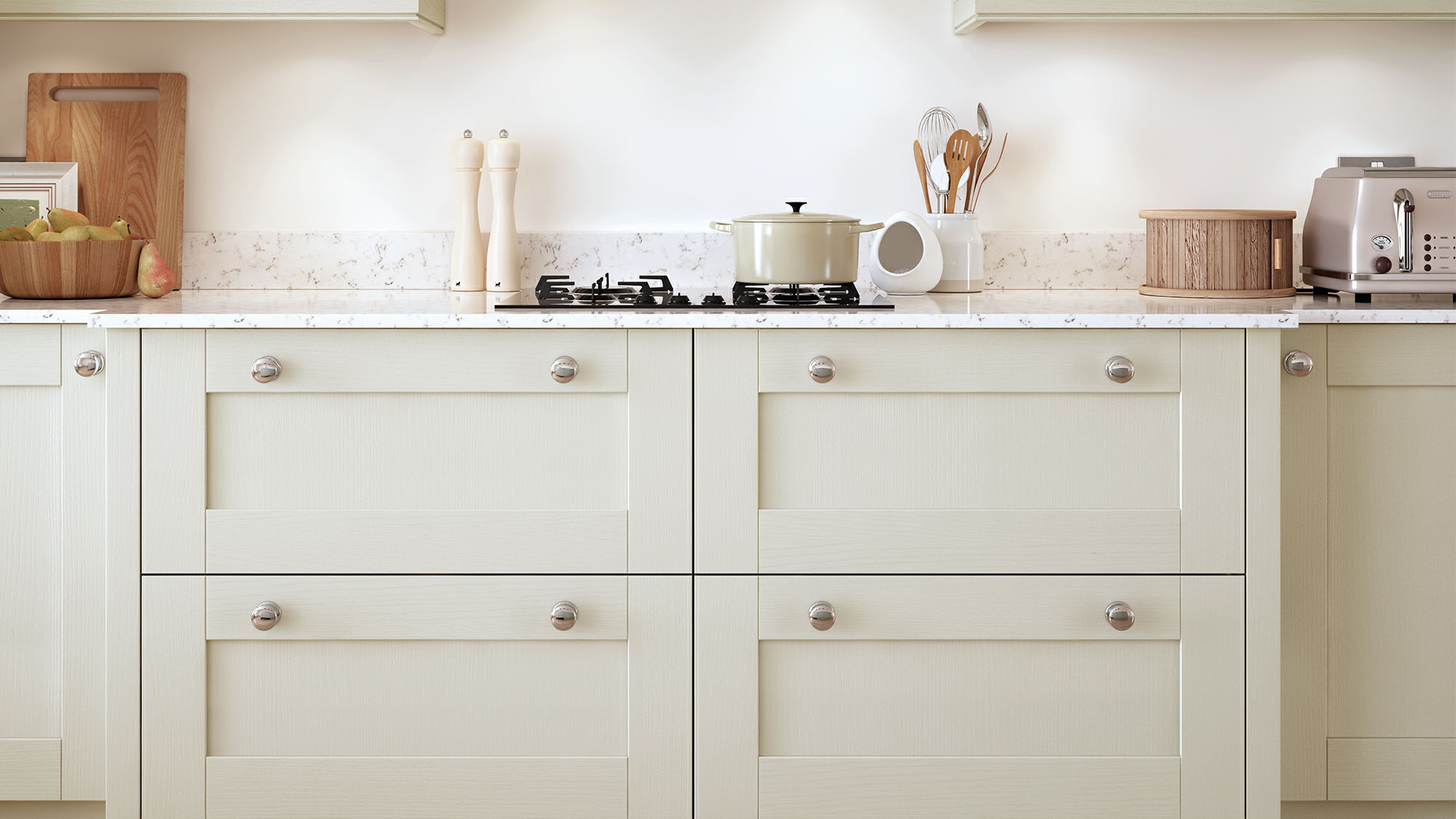 Madison solid wood mussel kitchens blending durability and classic style in a soft beige tone