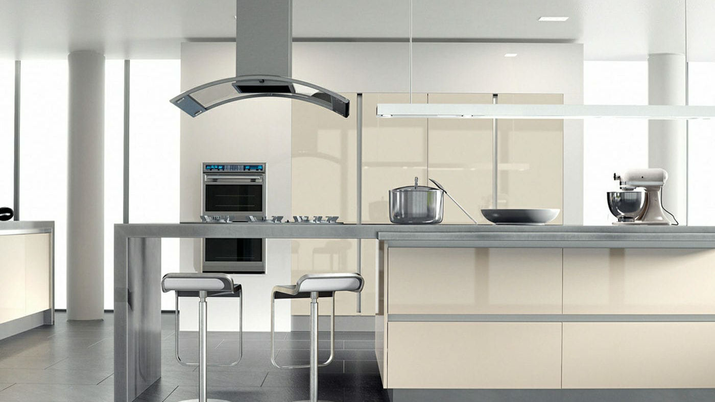 High gloss acrylic cream kitchen with sleek reflective cabinets and clean, contemporary lines.