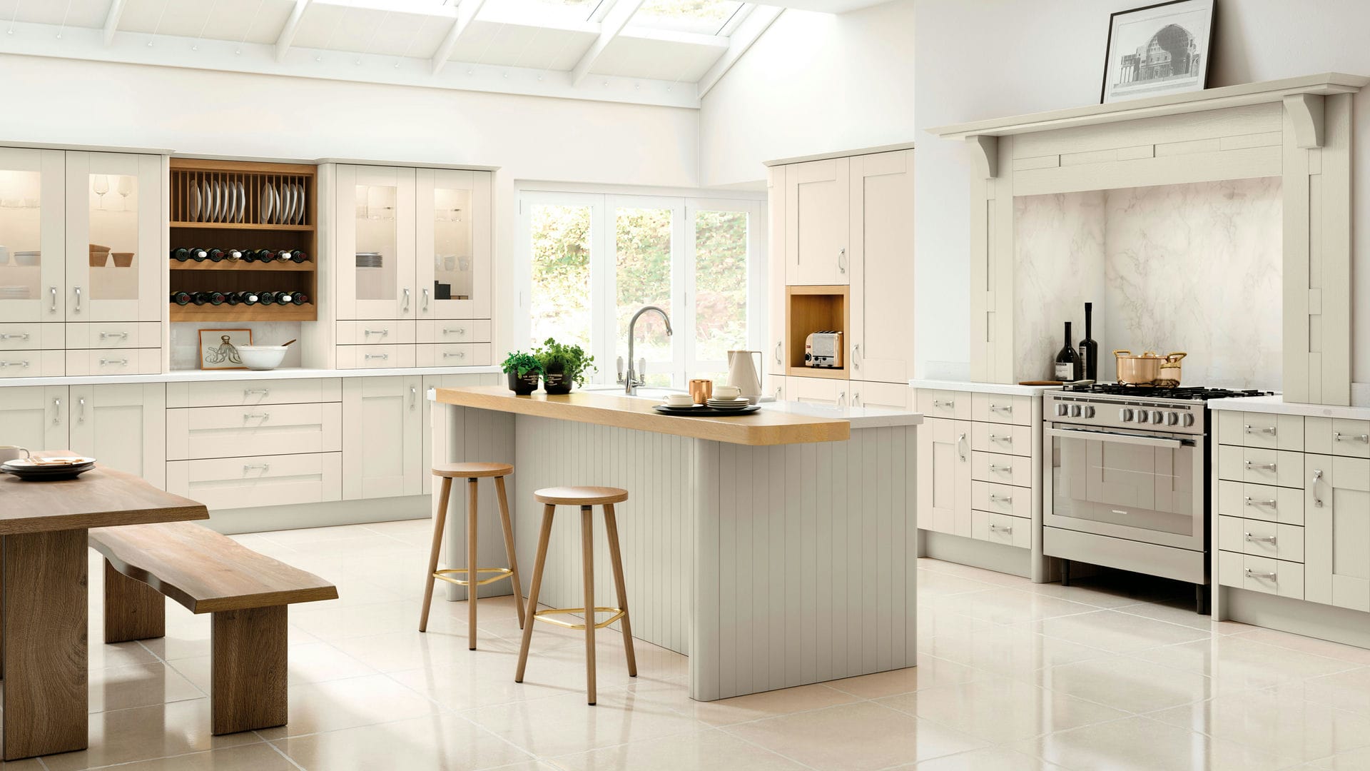 Cashmere pink shaker kitchen with soft pastel tones and light countertops, creating a warm and inviting space.