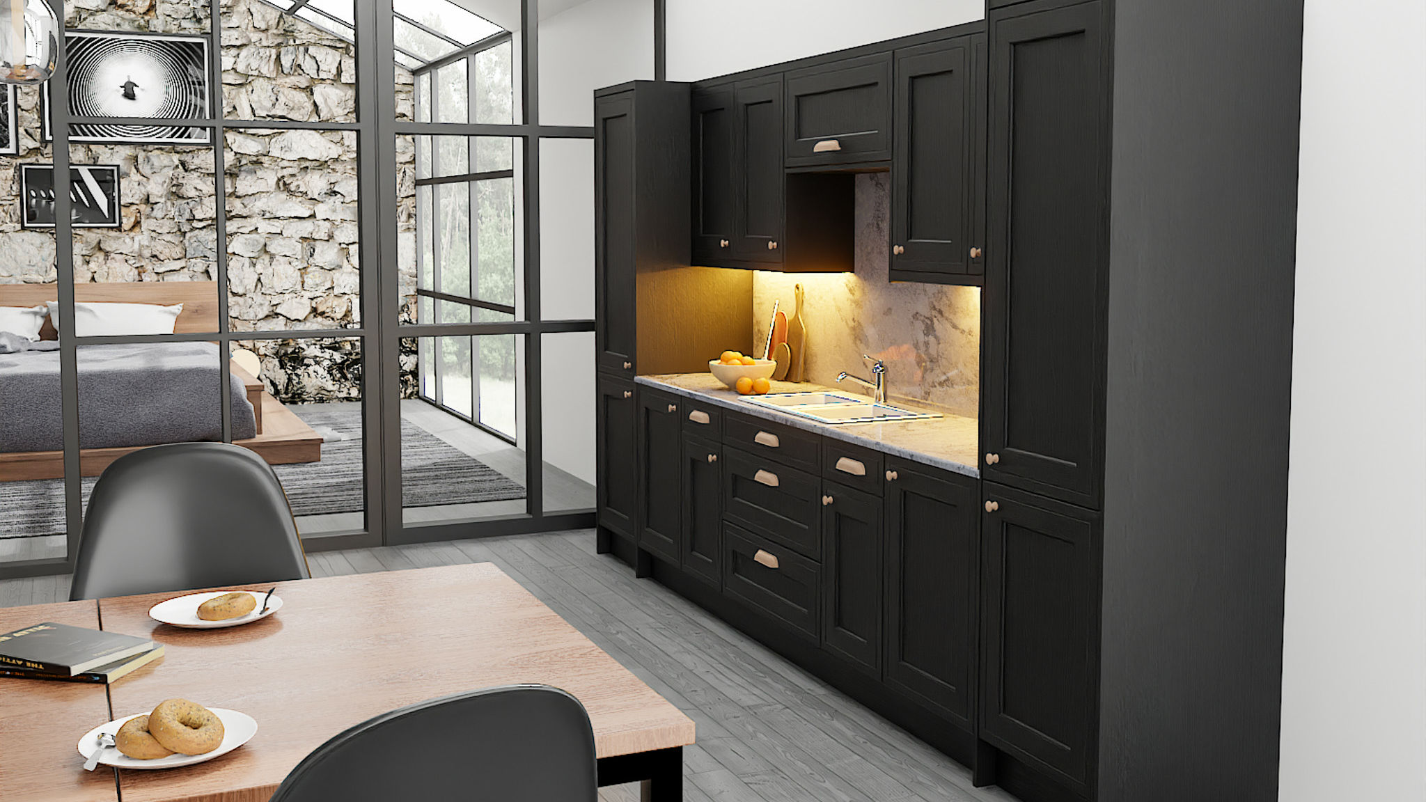 Elegant Canon Black graphite kitchen with deep painted wood cabinetry and subtle copper accents adding warmth and sophistication to the modern black kitchen design.