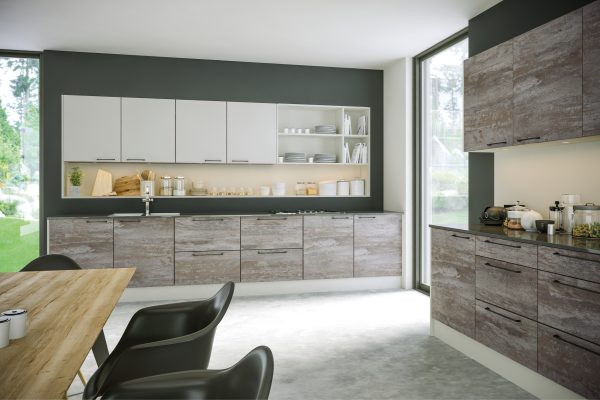 Matt textured light grey kitchen with modern shaker cabinets, contrasting wood-effect worktops, and a practical U-shaped layout with plenty of storage.